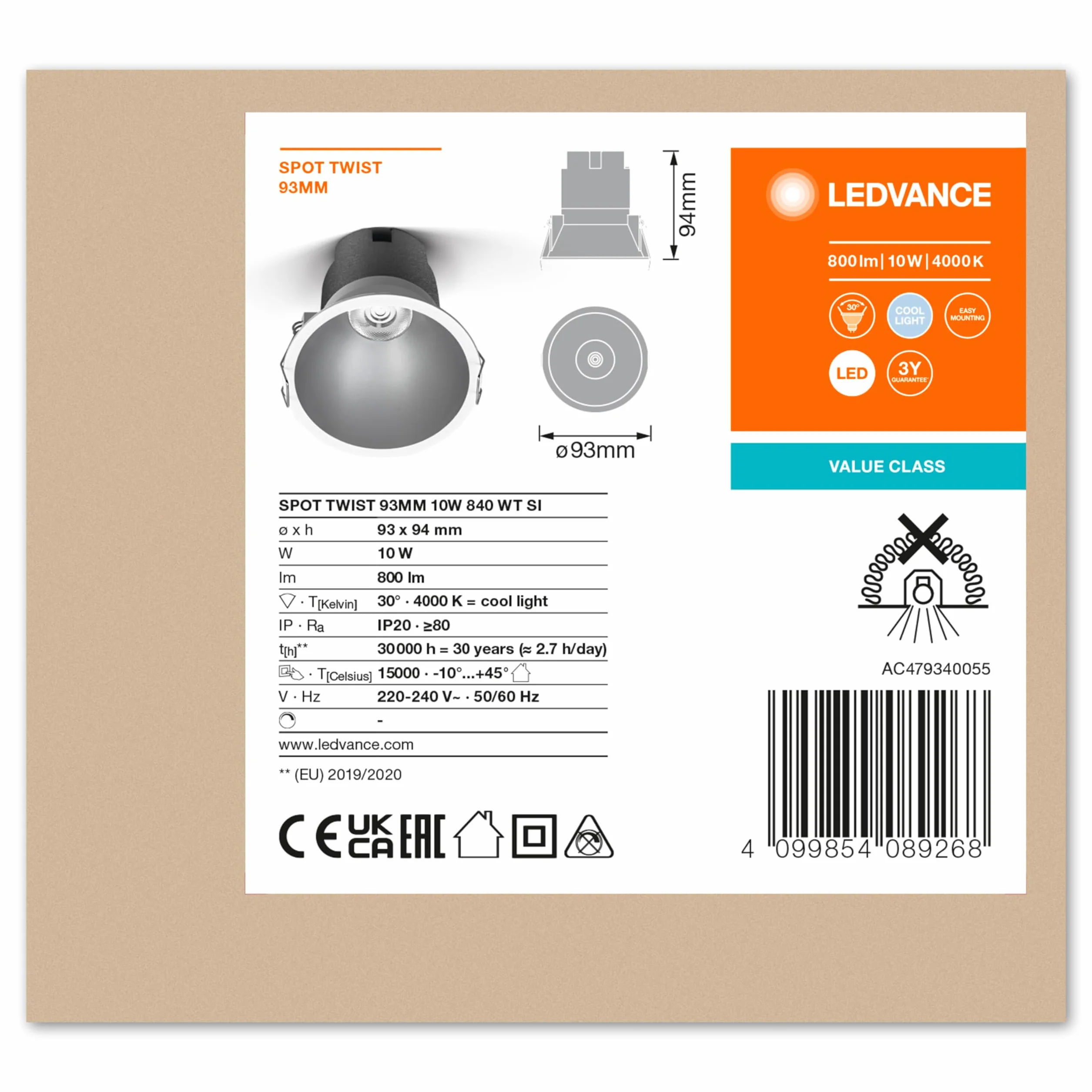 LEDVANCE Spot Twist Instalacja, Srebrne, 10W, 800LM, 840 Wt, Średnica 93 mm, Zimny Biały Kolor