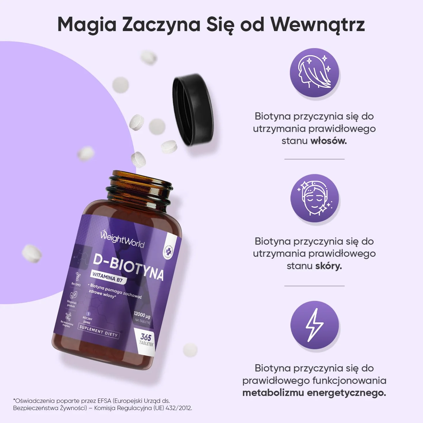 Biotyna 12 000 mcg – 365 tabletek suplementu witaminy B7 dla kobiet i mężczyzn, Biotyna przyczynia się do utrzymania prawidłowego stanu włosów (EFSA) – na 1 rok, wegańska