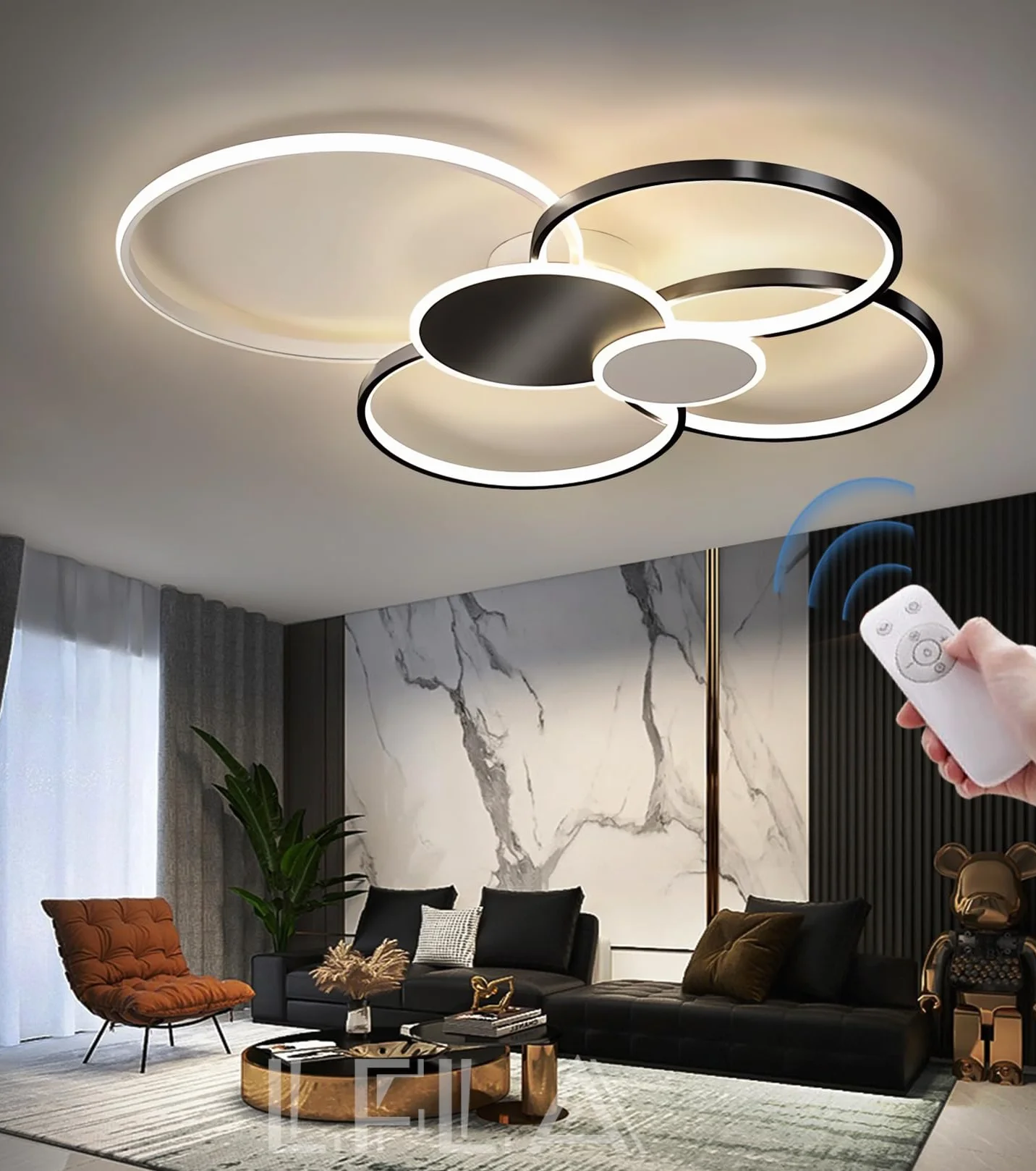 Ściemnialna lampa sufitowa LED Salon Nowoczesne oświetlenie sufitowe Kreatywna 6-pierścieniowa lampa sufitowa z pilotem Oświetlenie wnętrza Sypialnia Jadalnia Kuchnia Lampa (Czerń & Biały, 80cm)