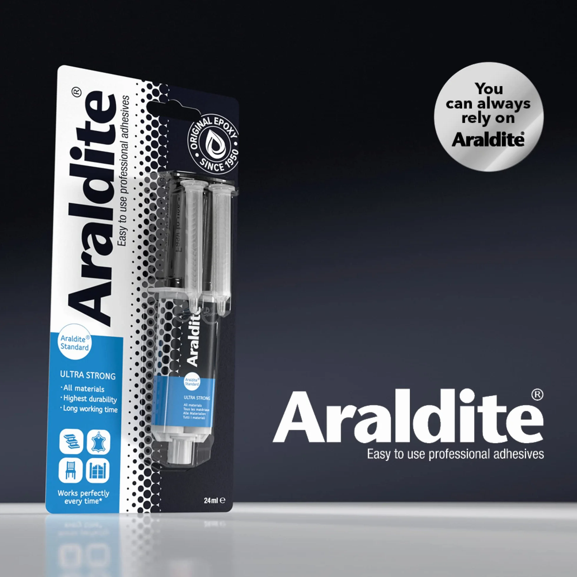 Araldite Standardowa 2-częściowa strzykawka epoksydowa, 24 ml. Mocna, uniwersalna, niezawierająca rozpuszczalników, idealna jako klej ceramiczny, klej z tworzywa sztucznego, klej metalowy, klej do biżuterii i klej do szkła. Do trwałego klejenia i napraw