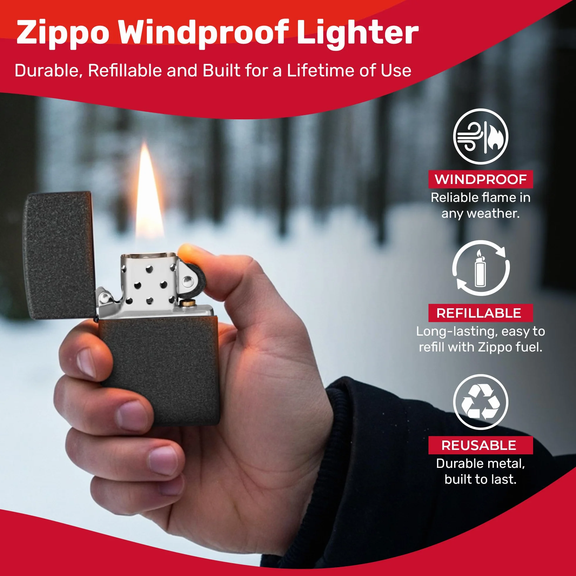 Zippo Zapalniczka Sztormowa, w Czerni Chropowatej, Wersja Podstawowa, z Możliwością Napełniania, Wielokrotnego Użytku, Płomień Odporny na Wiatr, w Pudełku Prezentowym, Made in USA