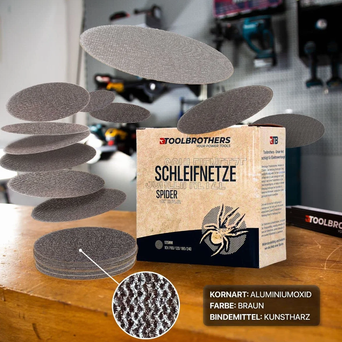 Toolbrothers SPIDER zestaw do szlifowania siatkowego środek ścierny 2 opakowania 80 x siatka szlifierska 125 mm rzep po 20 x P80 / P120 / P180 / 240 do twardego drewna, miękkiego drewna, lakieru, kamienia, stali, aluminium, forniru