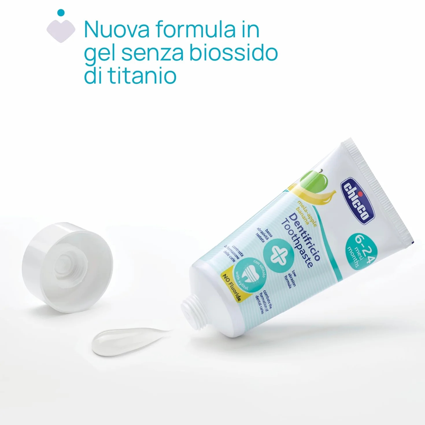 Chicco Pasta do Zębów dla Dzieci Jabłkowo-Bananowa, o Niskiej Ścieralności, Pomaga Zapobiegać Próchnicy Zębów i Usuwać Płytkę Nazębną - 50 ml, 6-24 miesiące