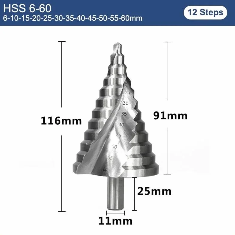 1 szt. Wiertło stopniowe 6-60mm rowek spiralny HSS stalowy wycinak do otworów do drewna narzędzia do wiercenia w metalu wiertło stożkowe stopniowe(1pc 6-60mm)