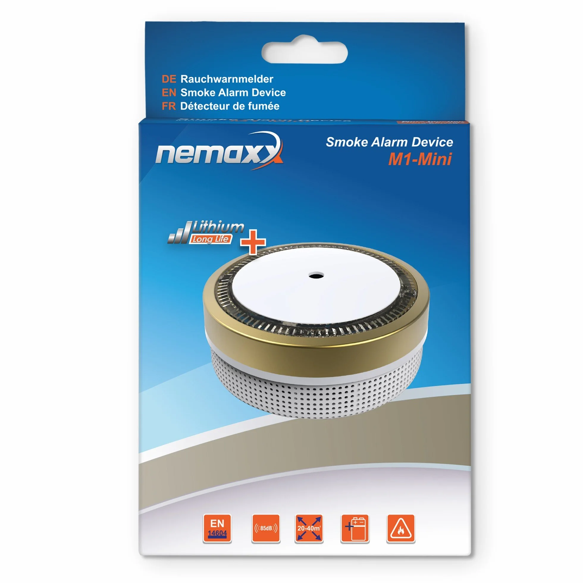 7X Nemaxx M1-Mini czujnik dymu – czuły, fotoelektryczny czujnik dymu z baterią litową typ DC3V zgodnie z normą DIN EN14604 i VDs – złoty
