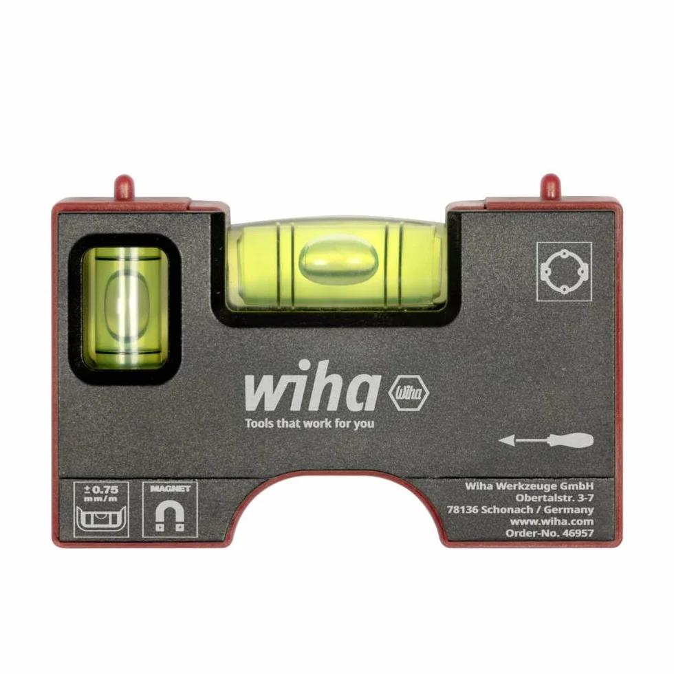 Wiha Mini poziomica kieszonkowa, 10 cm, z magnesem, narzędzie dla elektryków do gniazdka, pozioma libelka z 4 pierścieniami + pionowa libelka do precyzyjnego ustawienia, poziomica magnetyczna (46957)