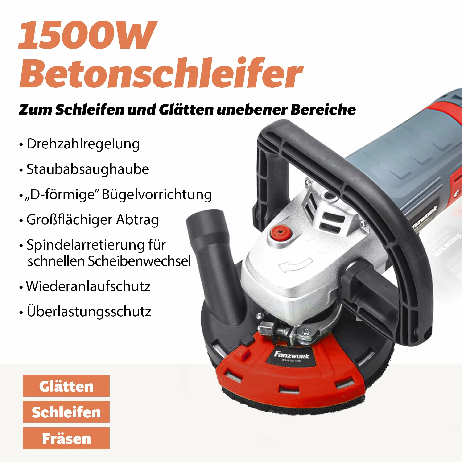 FANZORK Szlifierka do betonu, zestaw szlifierski do betonu z diamentową tarczą szlifierską i częścią ssącą (1500 W / 125 mm+)