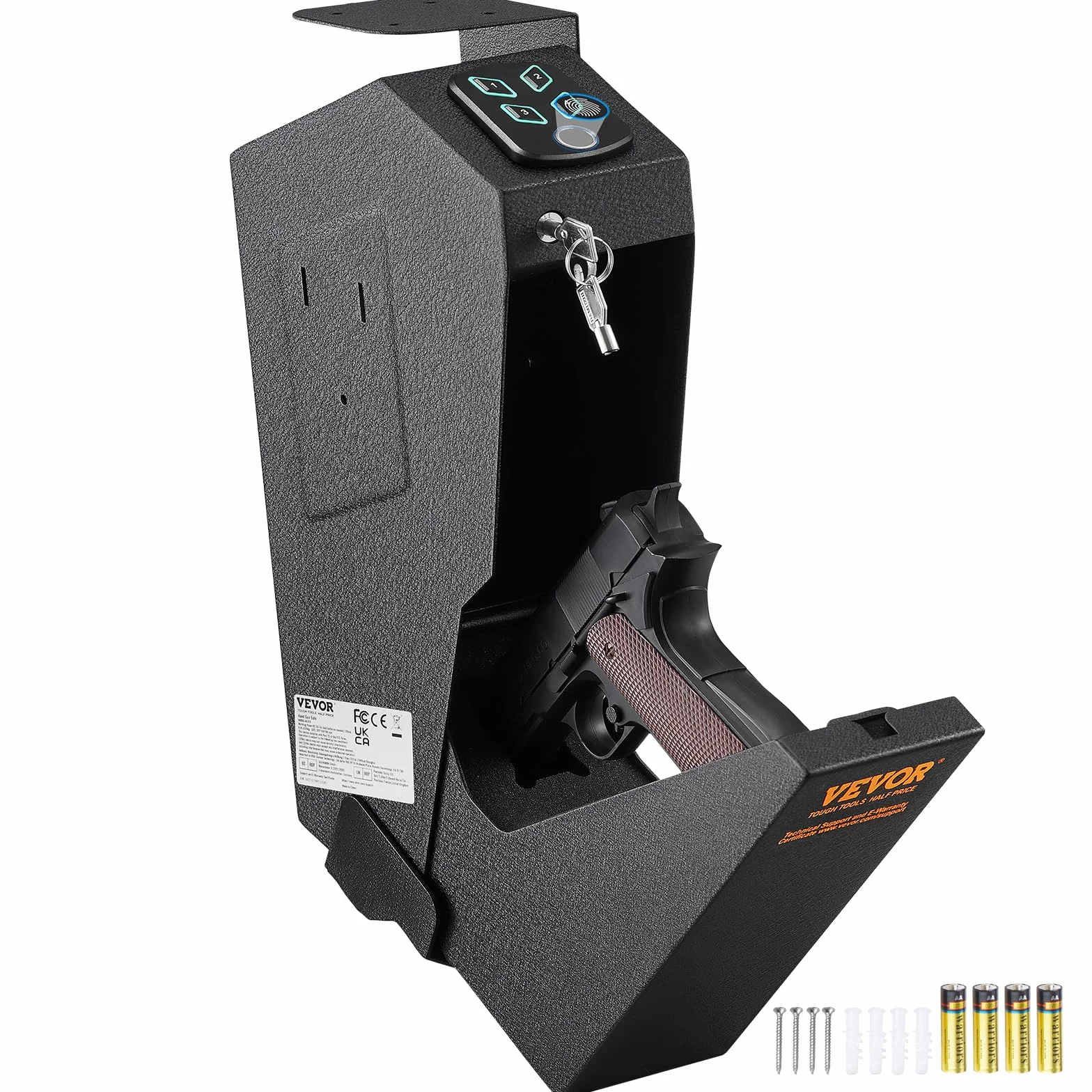 VEVOR Coffre-Fort de Pistolet Acier Coffre-Fort Biométrique 3 Moyens Déverrouillage Empreintes Digitales Clés Combinaison Bijoux Documents Armes Poing Domicile