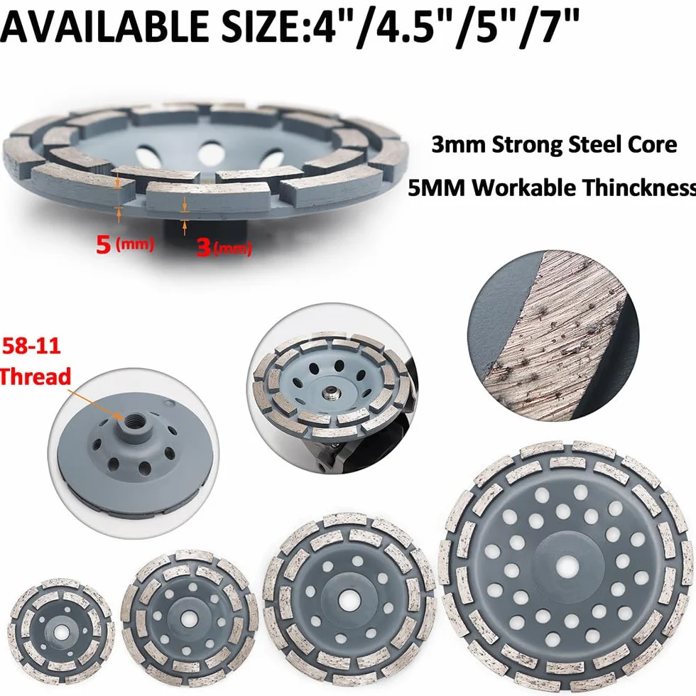 1 szt. 4/4,5/5/7 cala diamentowa dwurzędowa ściernica garnkowa 180 mm tarcze szlifierskie do betonu, muru, granitu i marmuru, 1 szt. 115 mm, 1