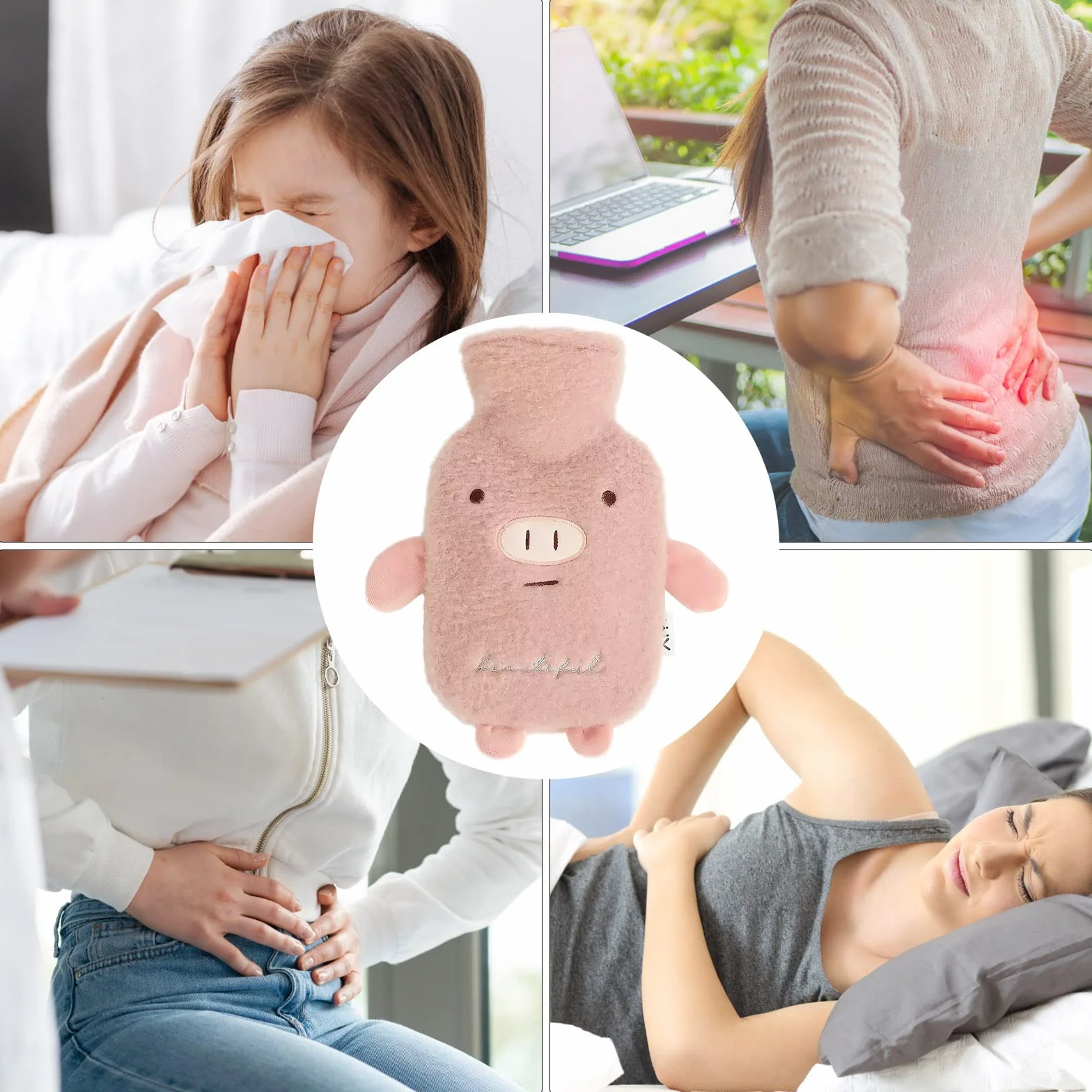 TNSLAND Termofor duży 2L guma z miękką puszystą poszewką, Termofor zwierzęcy do łagodzenia bólu brzucha, pleców, nóg - Różowy