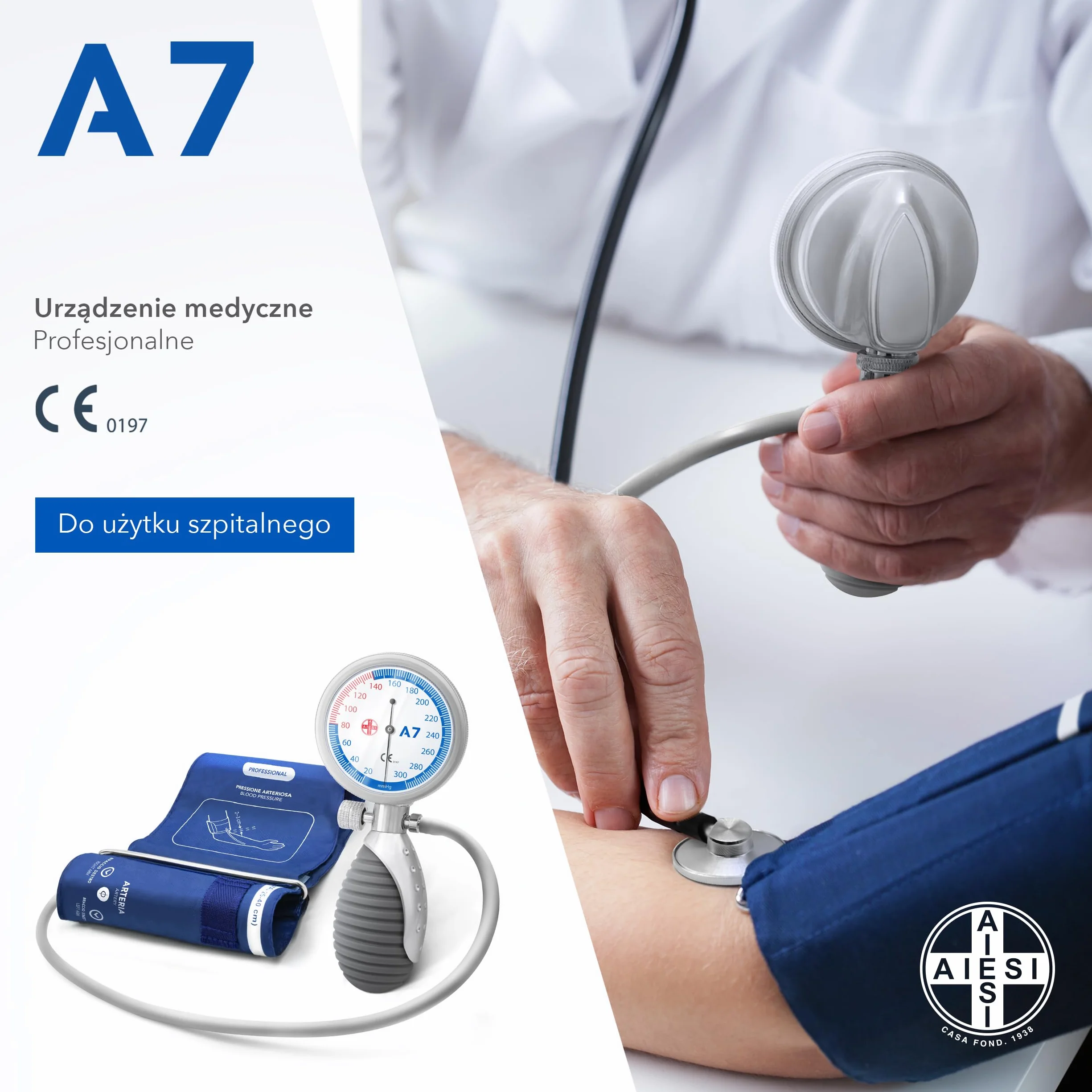 AIESI® Profesjonalny ręczny sfigmomanometr aneroidowy model naręczny dla dorosłych ze stetoskopem ANEROID A7, Obrotowy uchwyt, Gwarancja Włochy 24 miesiące