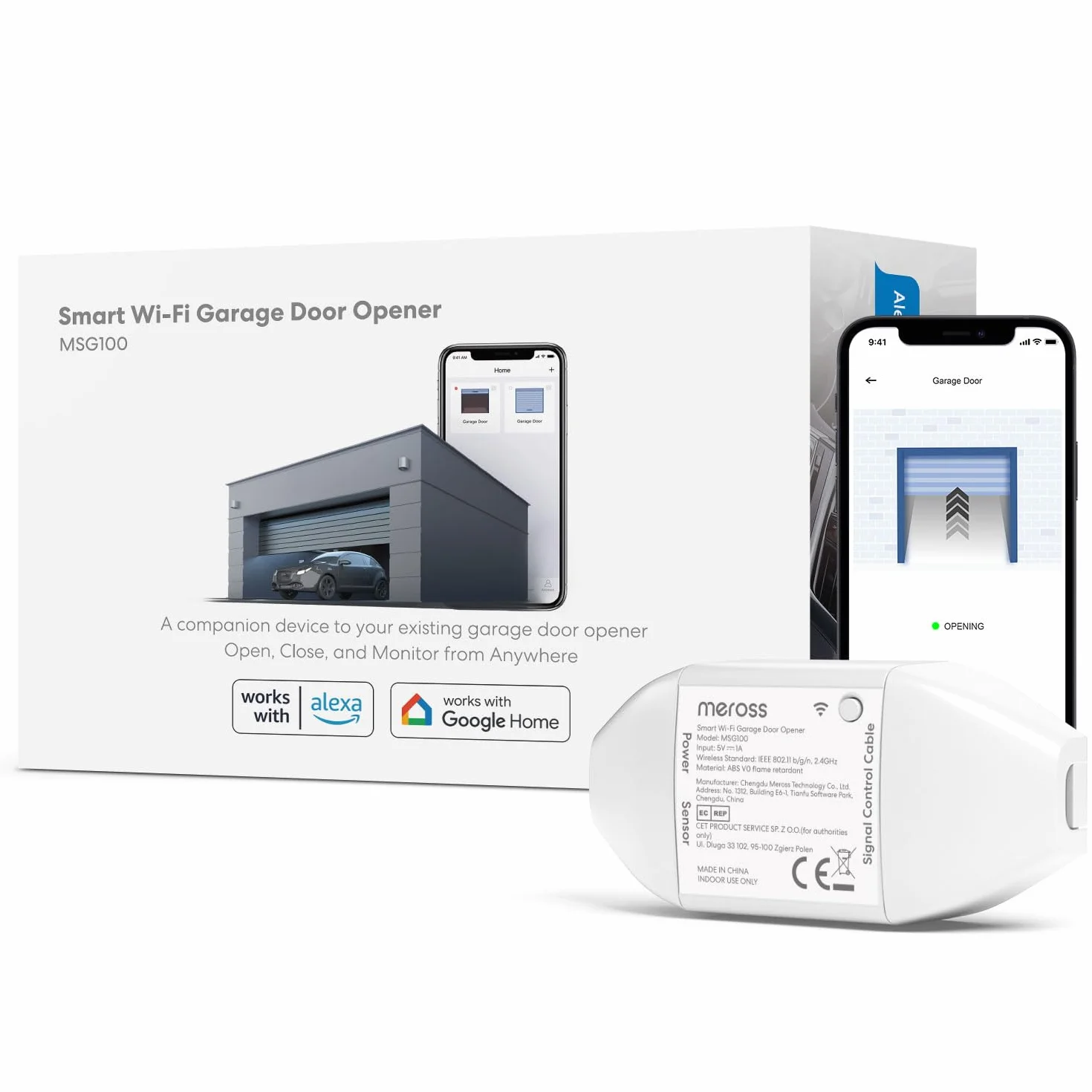 Meross otwieracz do drzwi garażowych podłączony do WiFi, inteligentny pilot do drzwi kompatybilny z Alexa, Google Home i SmartThings, pilot zdalnego sterowania, sterowanie głosowe i funkcja czasu
