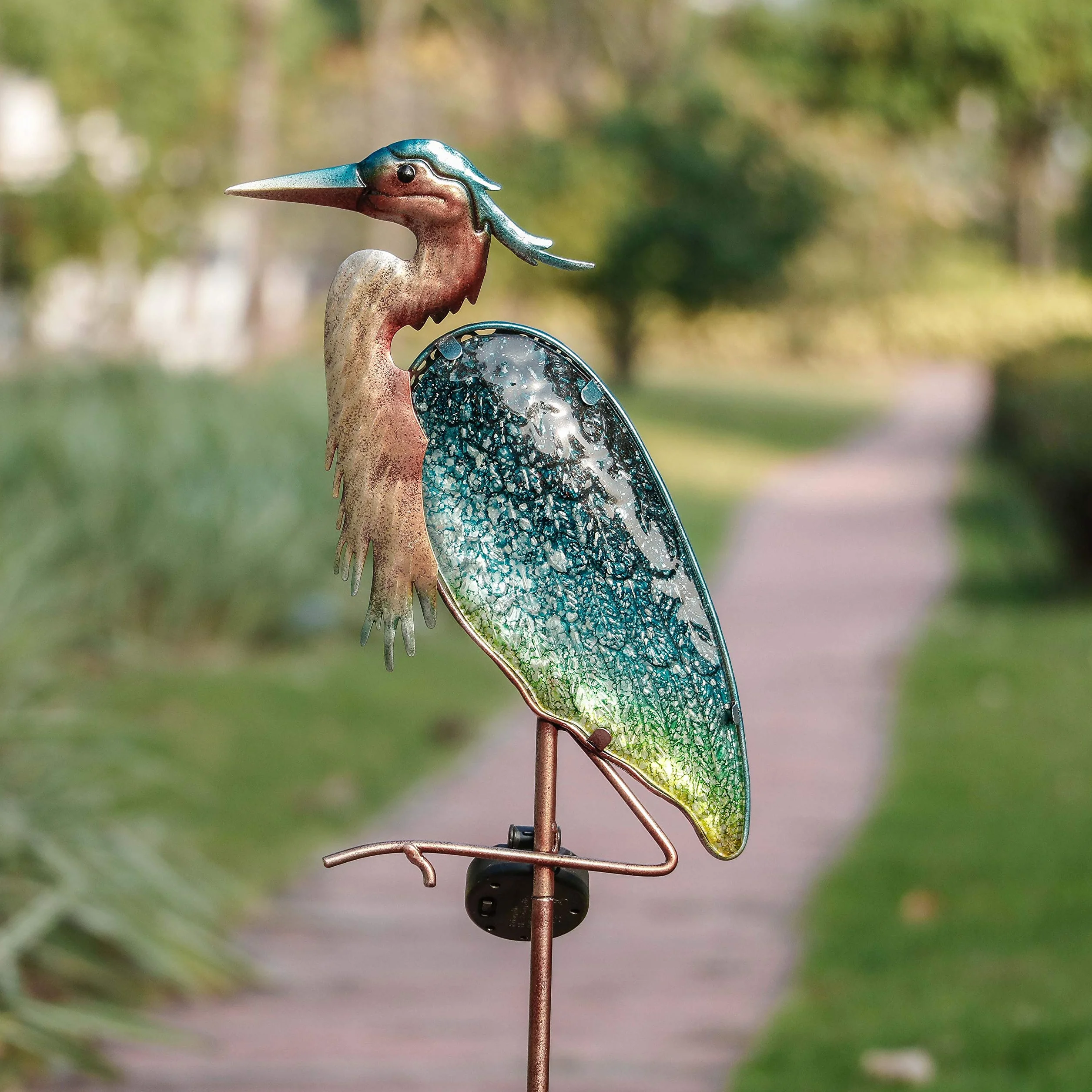 TERESA’S COLLECTIONS Grey Heron Garden Figure Outdoor Solar Light 106cm Solar LED Garden Light Metal Glass Wodoodporna ścieżka światła z kolcem Ground Solar Lamp Garden Decoration