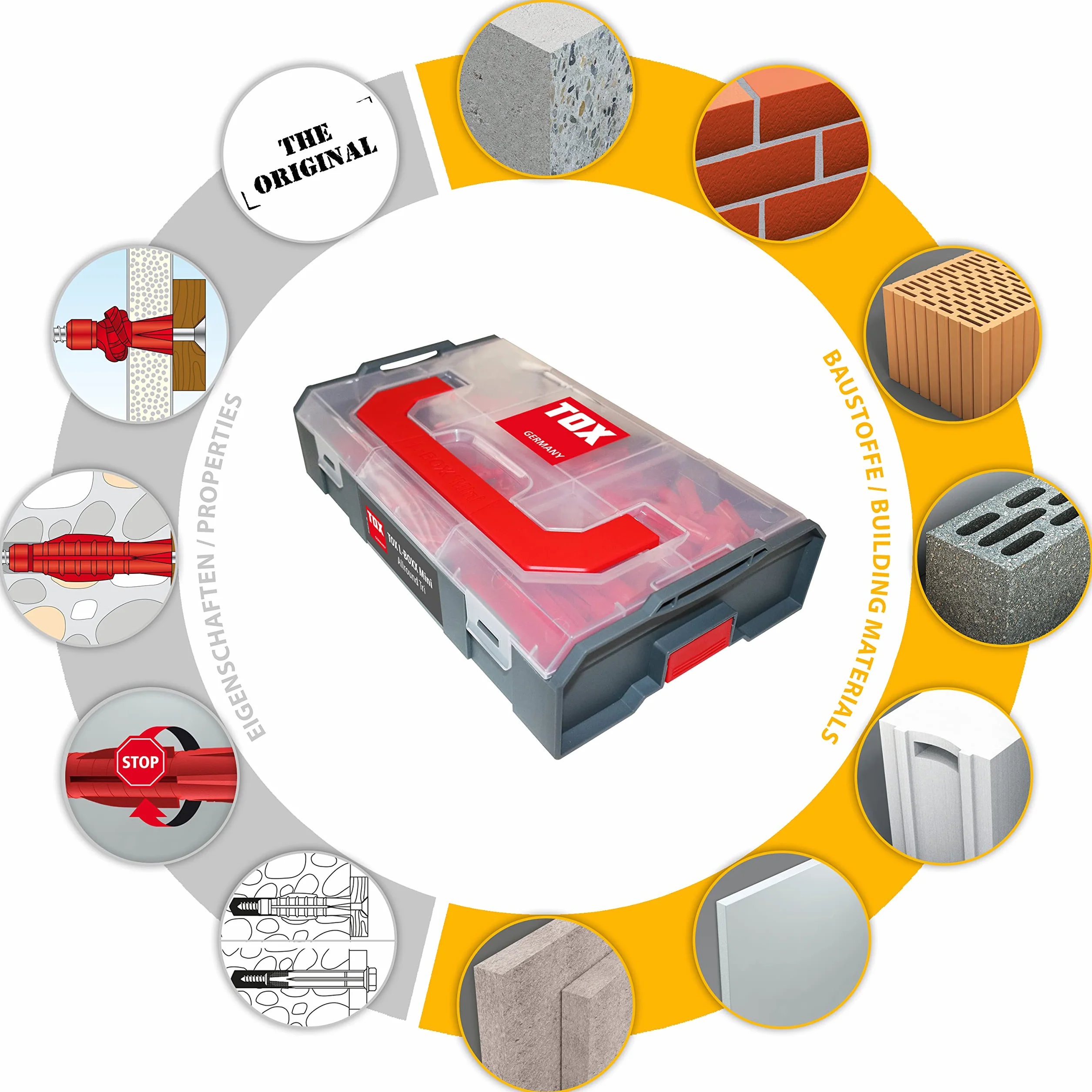 TOX L-BOXX Mini Allround Tri zestaw kołków rozporowych, efektywny, kompaktowy, przejrzysty i można je układać w stos + zestaw kołków rozporowych Tri do mocowania w prawie wszystkich materiałach