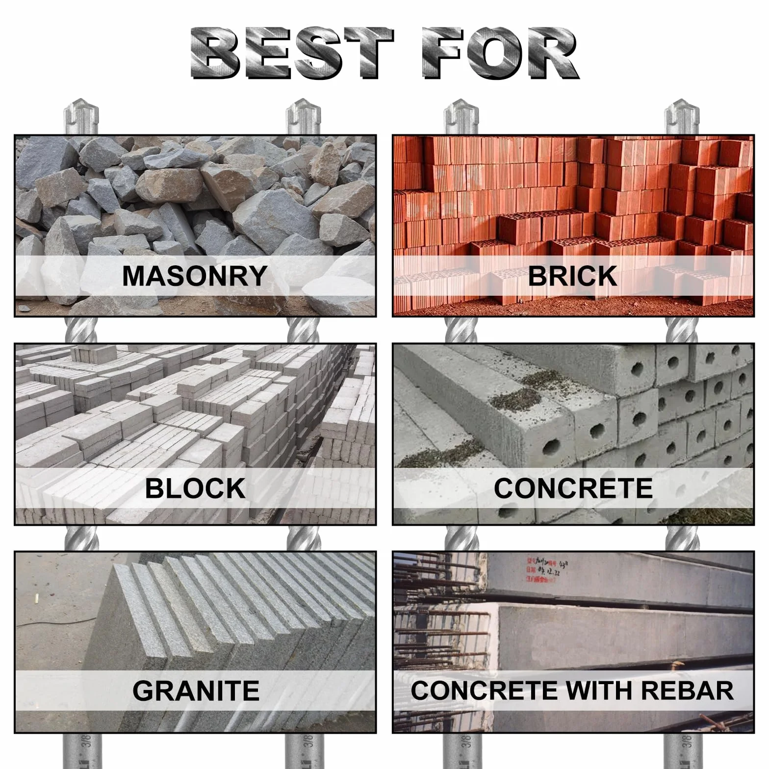 SALI Wiertła SDS Plus 10 sztuk 3/8" x 20,3 cm podwójny gwint do betonu