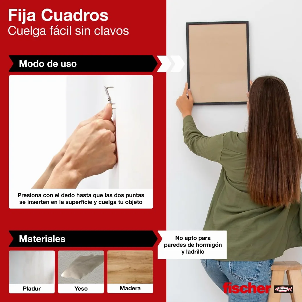 fischer - Stałe ramy | Haczyki wielokrotnego użytku bez otworów | Do 8 kg na sztukę | Idealny do płyt gipsowo-kartonowych i drewna | Montaż bez użycia narzędzi | 3 opakowania po 8 sztuk (łącznie 24) |