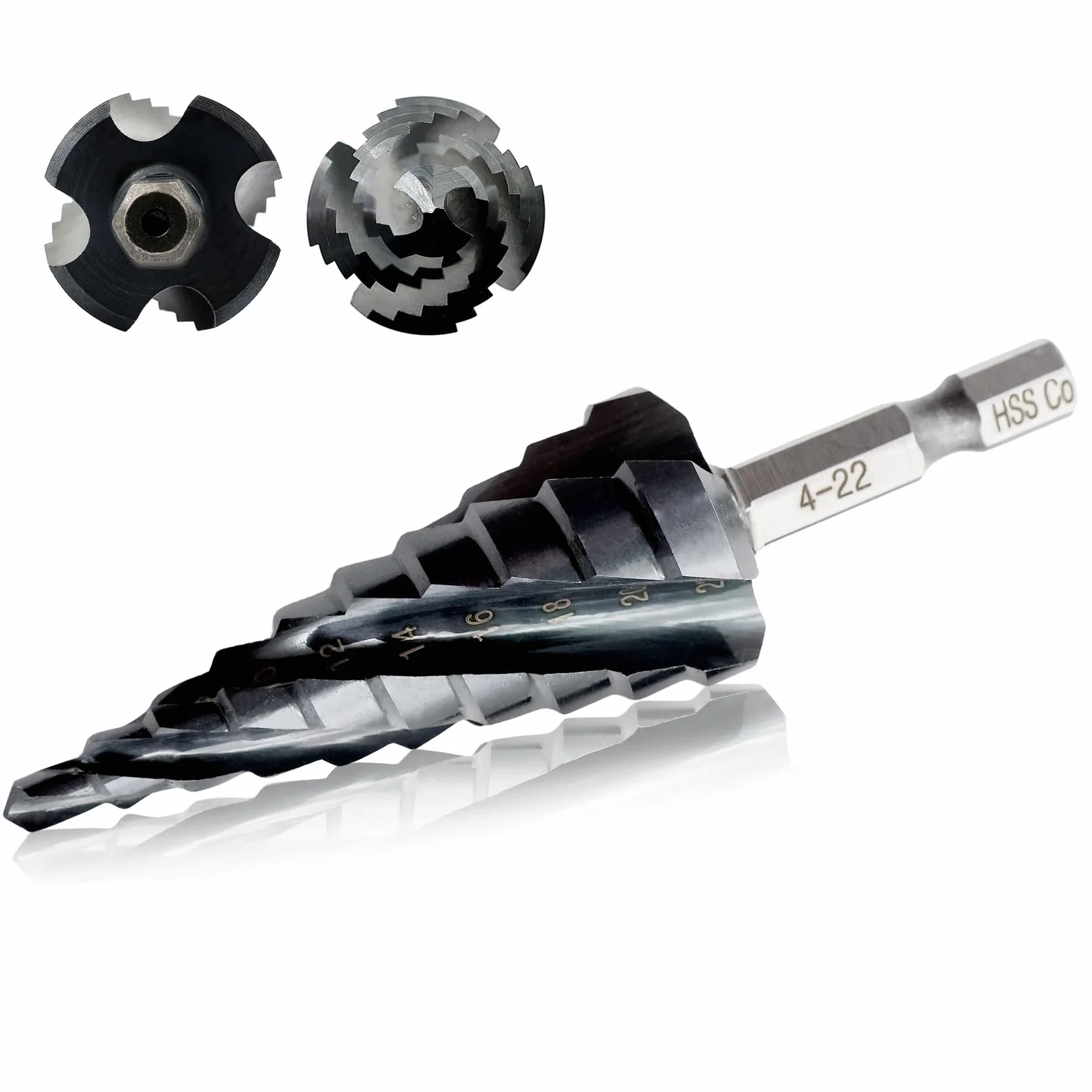 Zestaw wierteł spiralnych ze schodkami cztery rowki spiralne Unibit gotowy do uderzeń, 1/4" metryczne złącze sześciokątne 4-22 mm frez stożkowy do metalu, stal nierdzewna