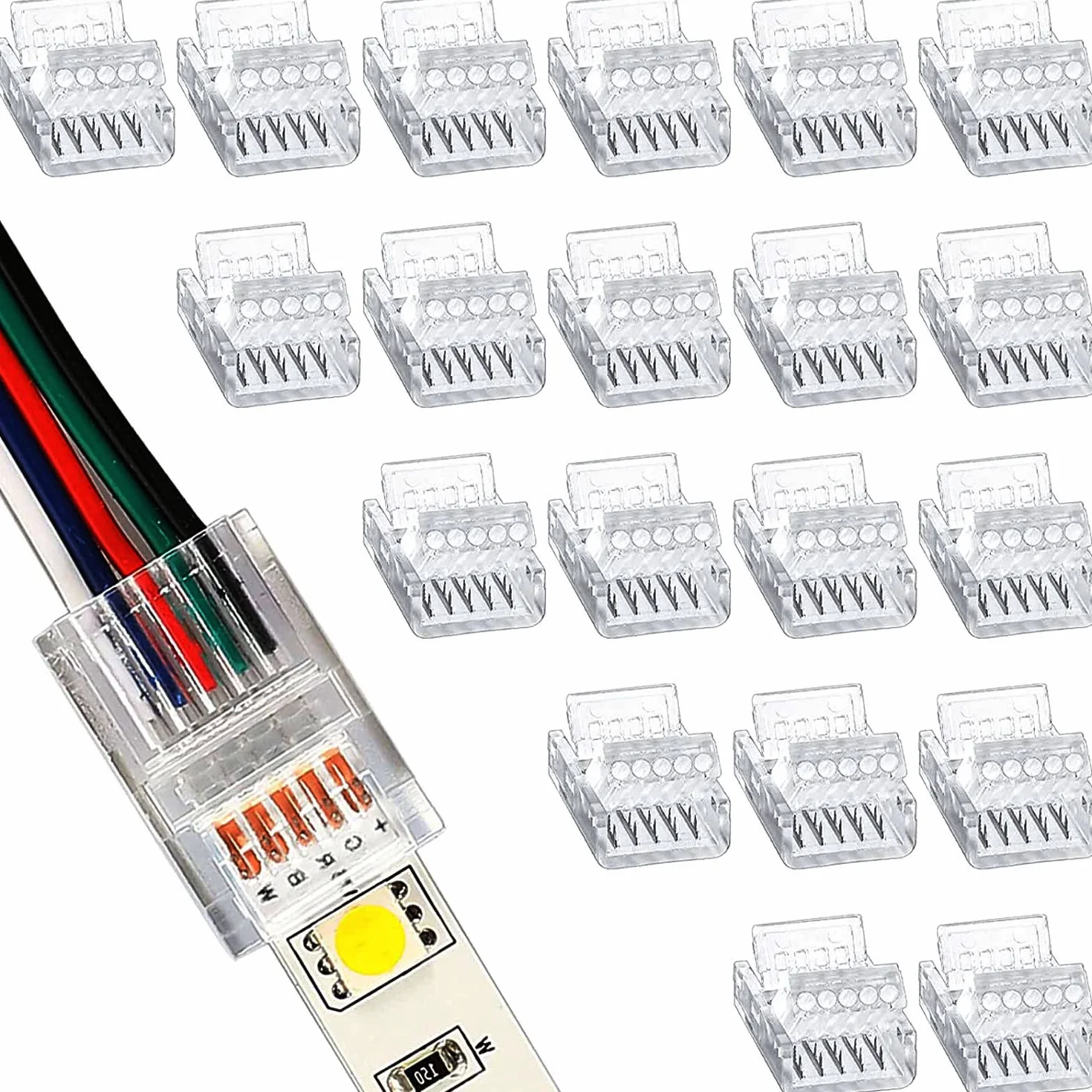 RUNCCI-YUN 20 sztuk złącza taśmy LED 5-pinowe 12 mm, złącza taśm LED bezołowiowe, 5-pinowe kable połączeniowe, na 12 mm szerokość paska SMD 5050 RGBW LED 5V 12V 24V (przezroczysty)