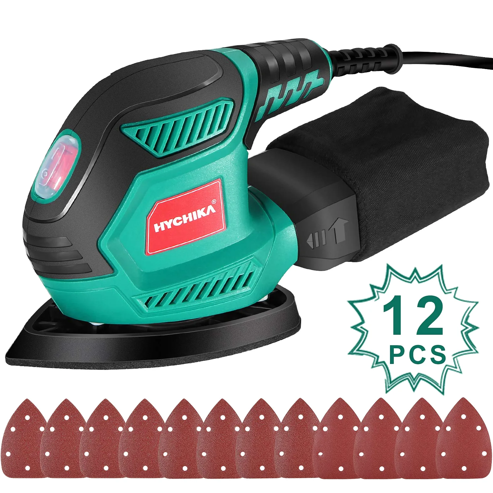 HYCHIKA Szlifierka wibracyjna trójkątna 200W 14000RPM z 12 arkuszami ściernymi