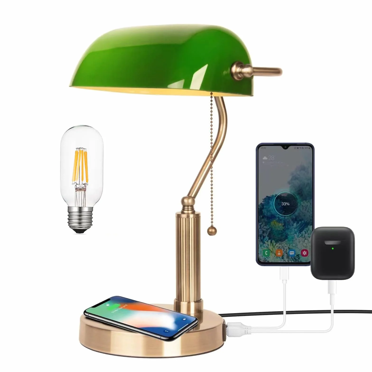 FIRVRE Bankers, zielona szklana lampka na biurko, stolik nocny, lampka z bezprzewodowym ładowaniem, port USB, vintage, mosiądz, łańcuch ciągnący, przełącznik, klasyczna lampa stołowa do domu, biura