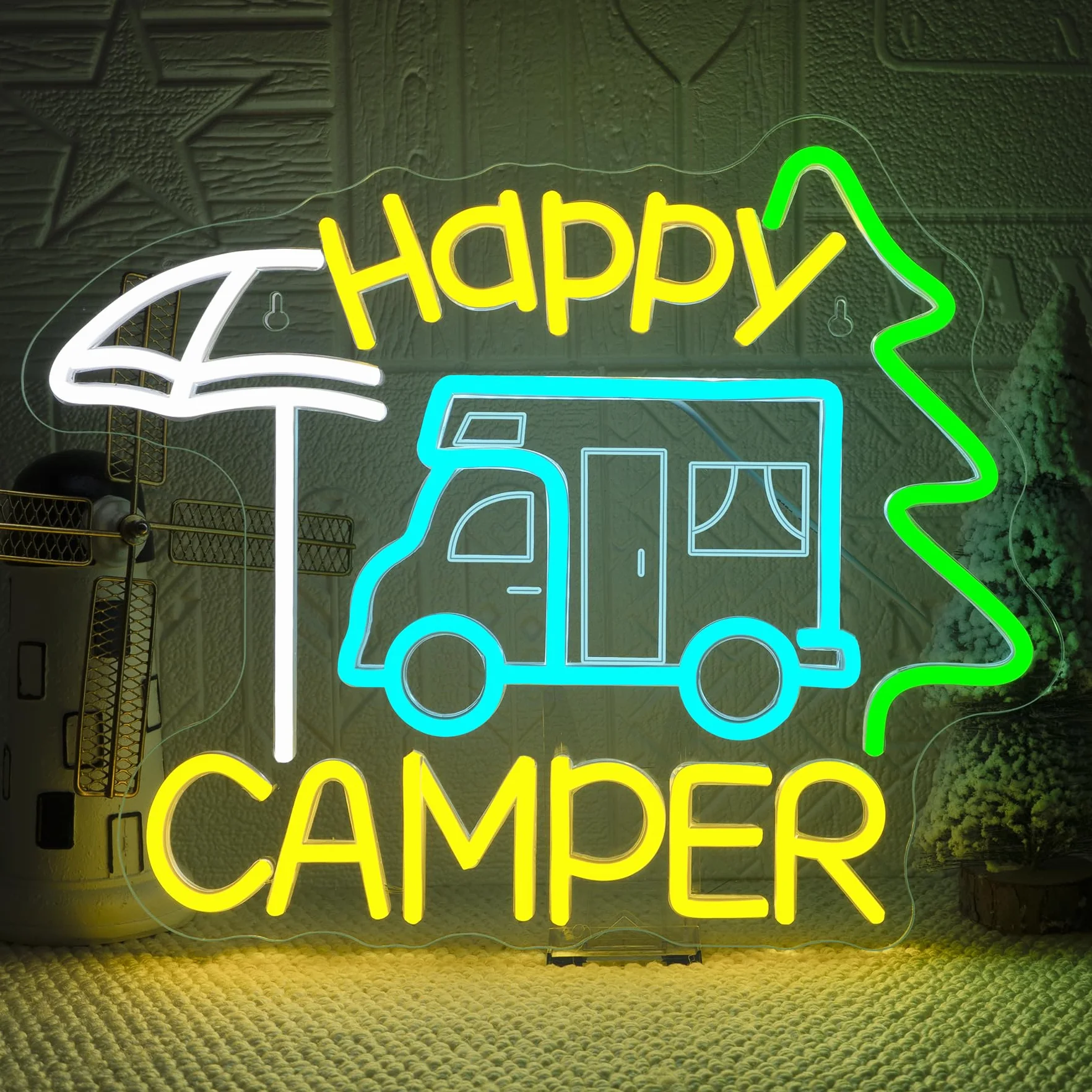 Szyld neonowy Happy Camper LED napis do kamperów reklama świetlna dekoracja kemping ogród
