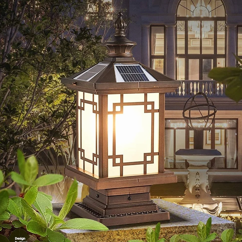 Lampa zewnętrzna słupek świetlny, zewnętrzne światła ogrodowe solarne lampy słupkowe rustykalne brązowe kwadratowe kolumny światło aluminium szkło IP65 bezpieczeństwo krajobraz ulica,