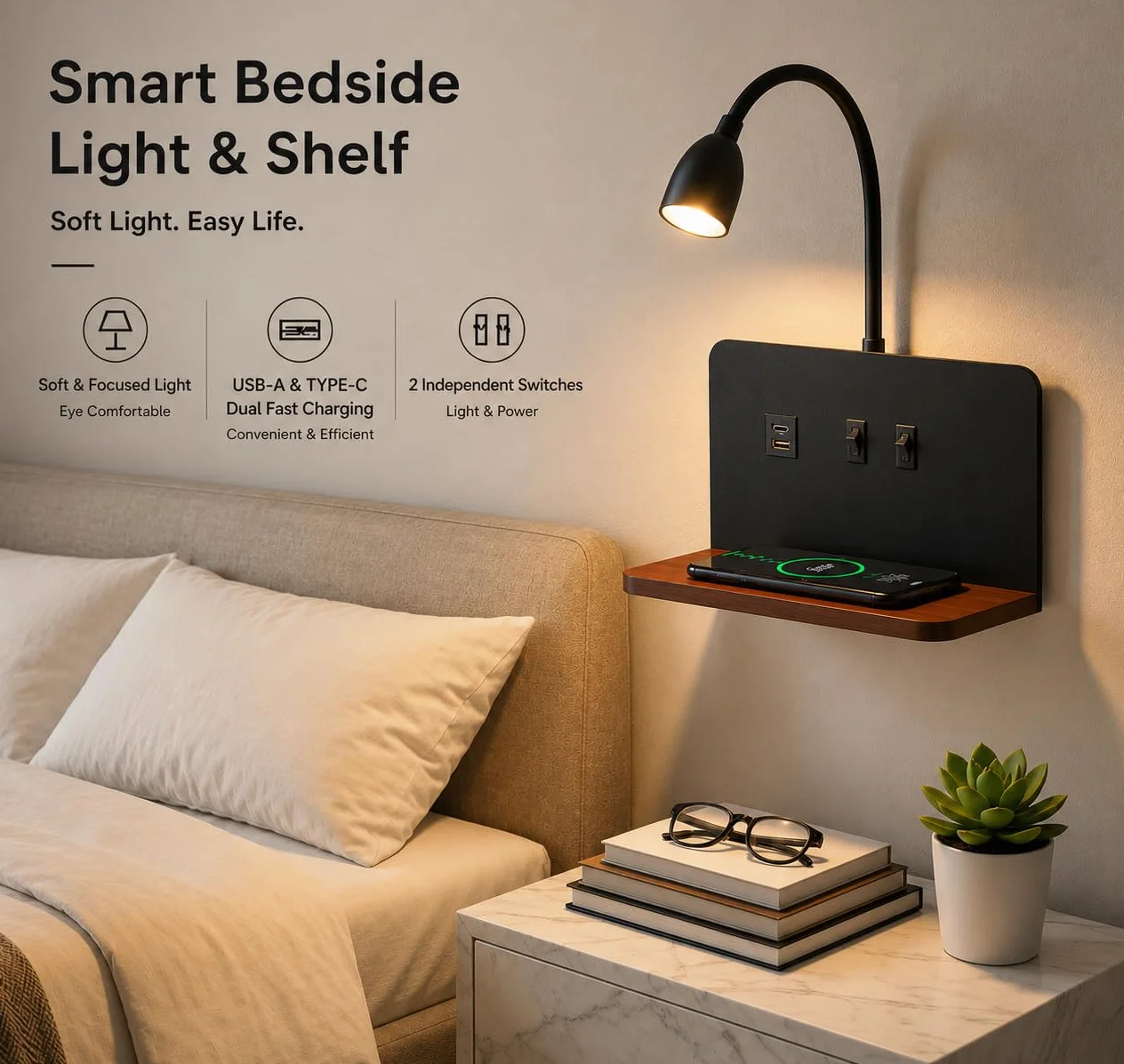 Lampa ścienna LED z wtyczką, portami USB i bezprzewodową ładowarką, regulowana, 3000 K