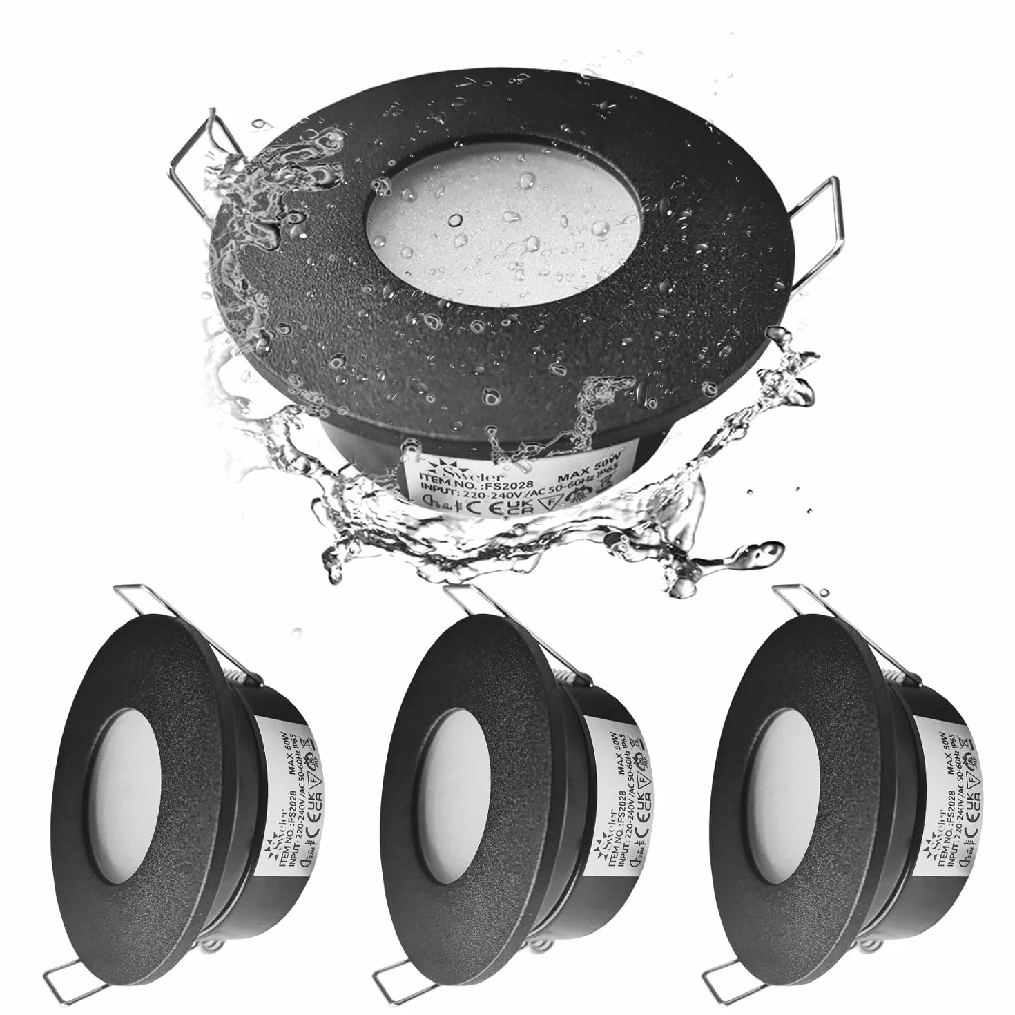 IP65 reflektor do zabudowy LED 5 W, GU10 reflektory sufitowe do łazienki, wilgotnych pomieszczeń, wodoszczelne, lampy punktowe LED 230 V 68-75 mm wymiar otworu (bez lampy), zestaw 4 szt. czarny