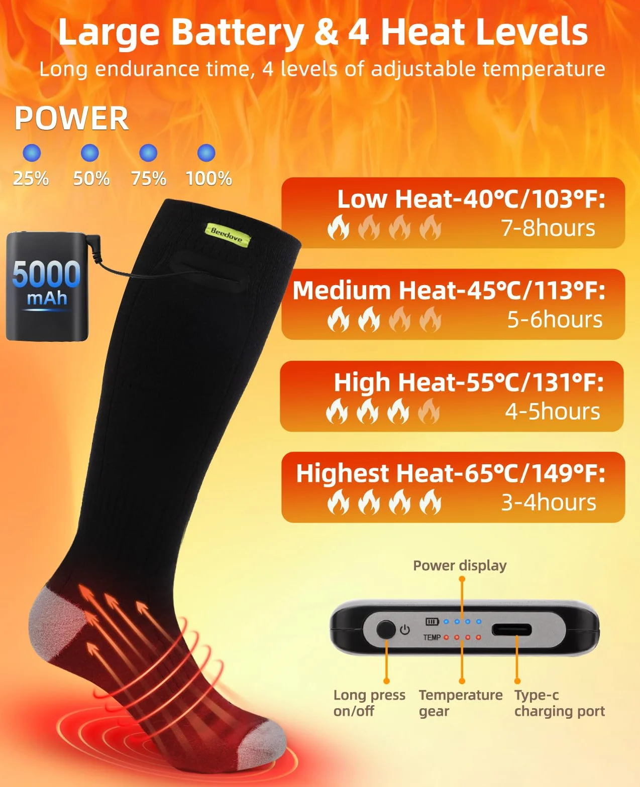 Podgrzewane skarpety, ogrzewane skarpety z akumulatorem 5000 mAh, dla kobiet i mężczyzn, ogrzewacze stóp do 65°C, do użytku na zewnątrz, na zimę, kemping, polowanie, narty