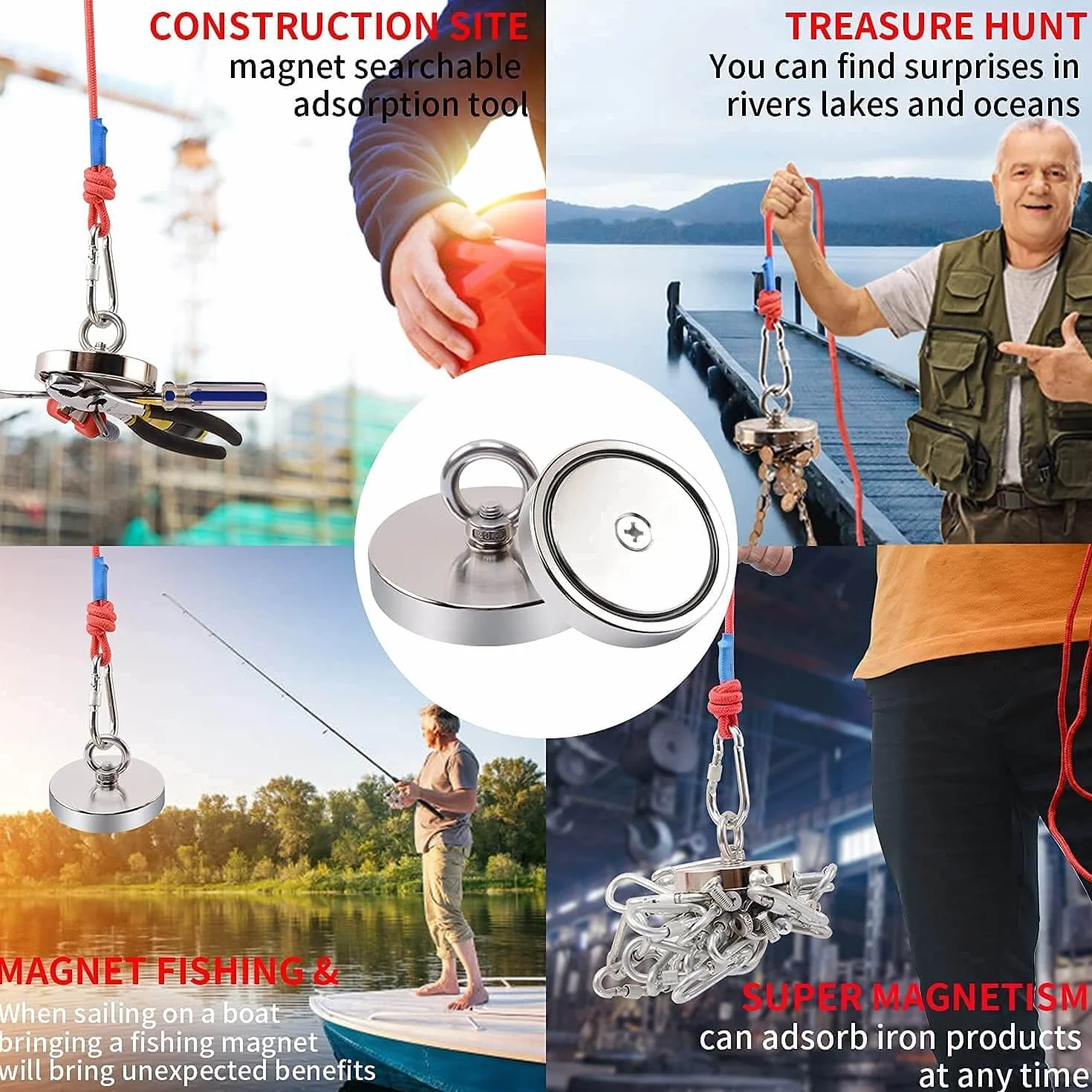 MIN CI Silne magnesy 42 mm, 6 sztuk haczyków magnetycznych, 70 kg, siła przyczepności, neodymowe magnesy oczkowe, magnesy neodymowe z haczykami, do łowienia ryb magnetycznych z oczkiem, silne magnesy