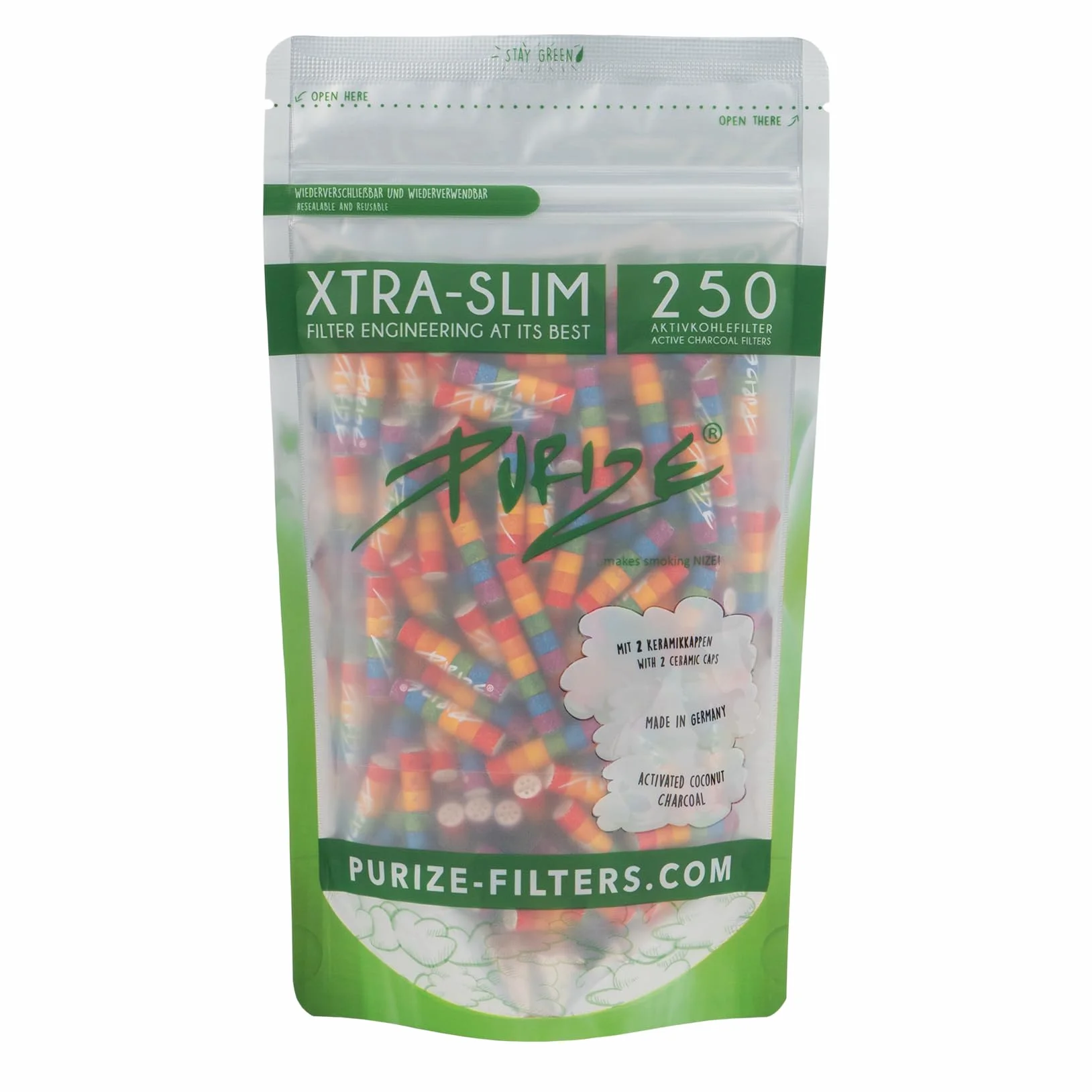 PURIZE Zestaw filtrów z węglem aktywnym Xtra Slim Size – 250 filtrów + bibułek + rolka papieru 4 m – filtr premium o średnicy 5,9 mm – węgiel aktywny na bazie orzecha kokosowego (We Love Diversity)