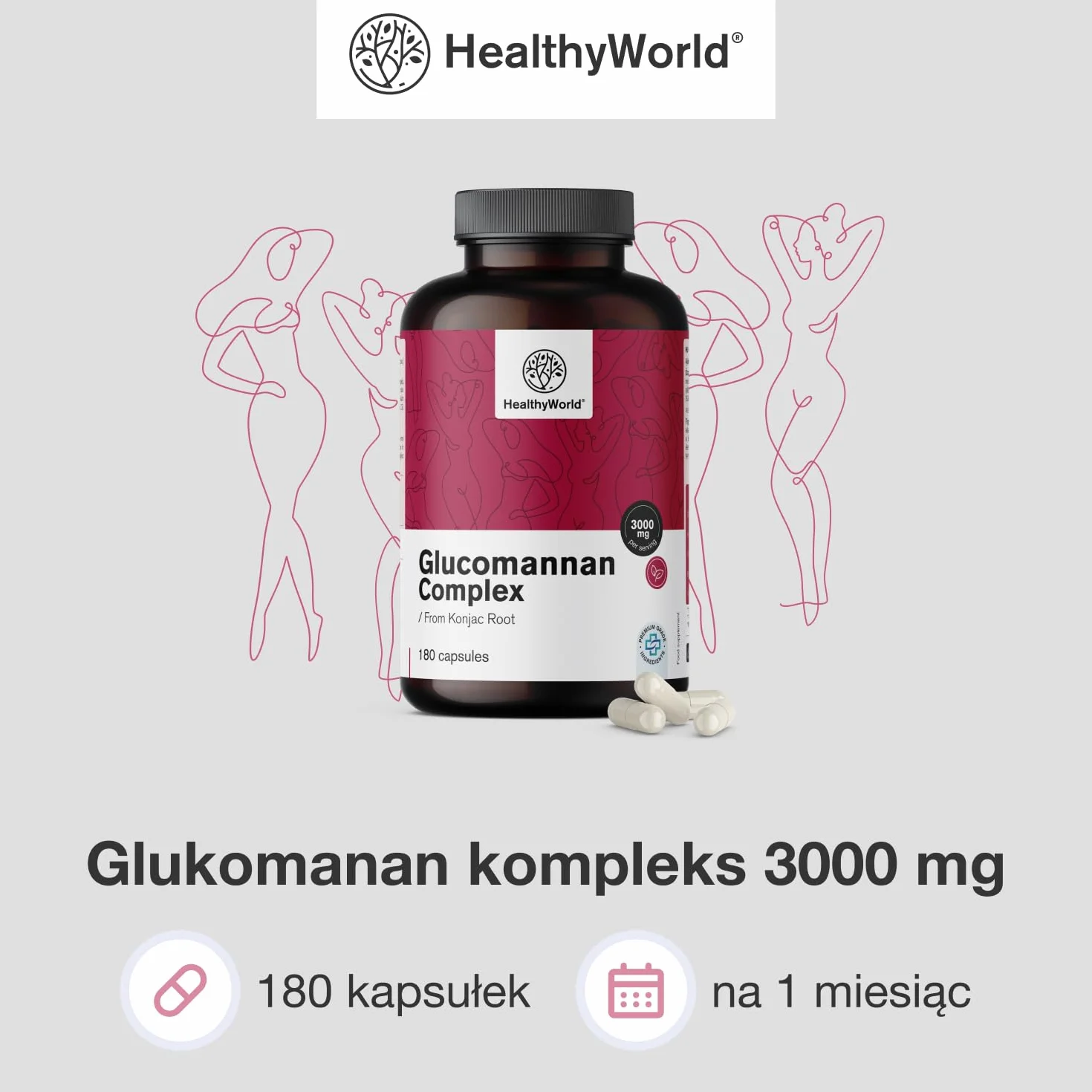 HealthyWorld Glukomanan kompleks 3000 mg – Z Korzenia Konjac - 180 kapsułek - Wsparcie w Odchudzaniu - Z dodatkiem Choliny, Chromu, Witaminami D3 i B3 - Wolny od GMO - 1-miesięczny Zapas