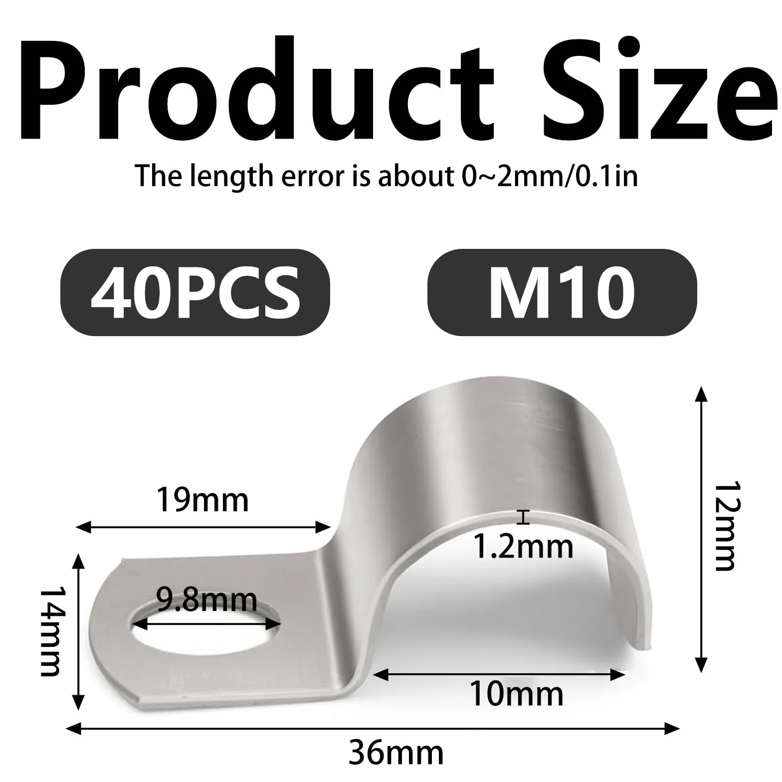 40 x metalowe obejmy kablowe, metalowe obejmy do rur, M10 V2A stal nierdzewna 304, mocowanie rury, klamra do węża, pojedynczy otwór, uchwyt rurowy, półobejma mocująca, mocowanie kabla do kabli Ø 9-10