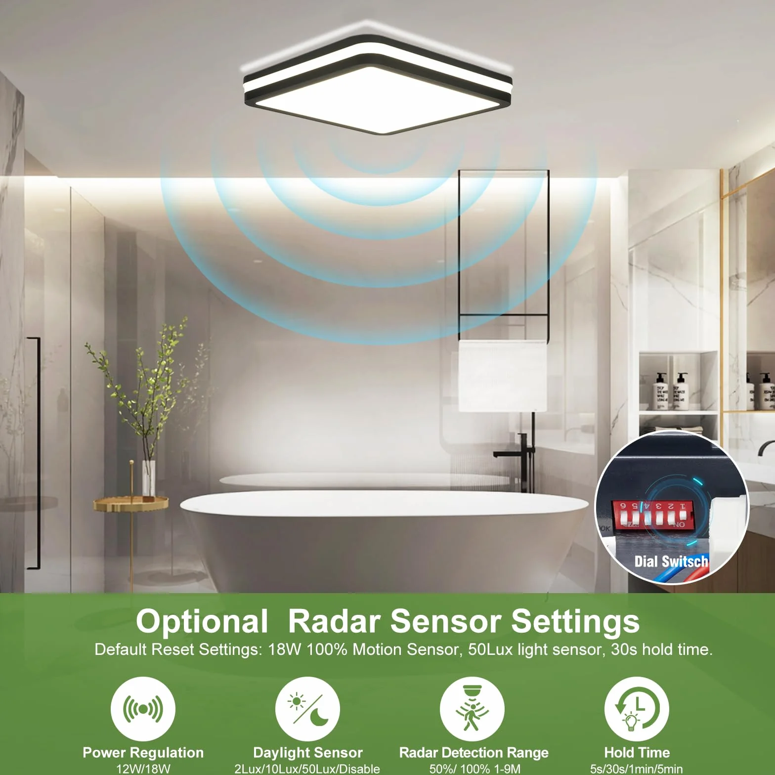 LEZOE IP65, wodoodporna lampa sufitowa LED z czujnikiem ruchu, 18 W, 2700 lm, 150Lm / W, 3000K, 4000K, 6500K, idealna do łazienki, garażu, schodów, piwnicy, korytarza, balkonu, 22 x 22 cm szary