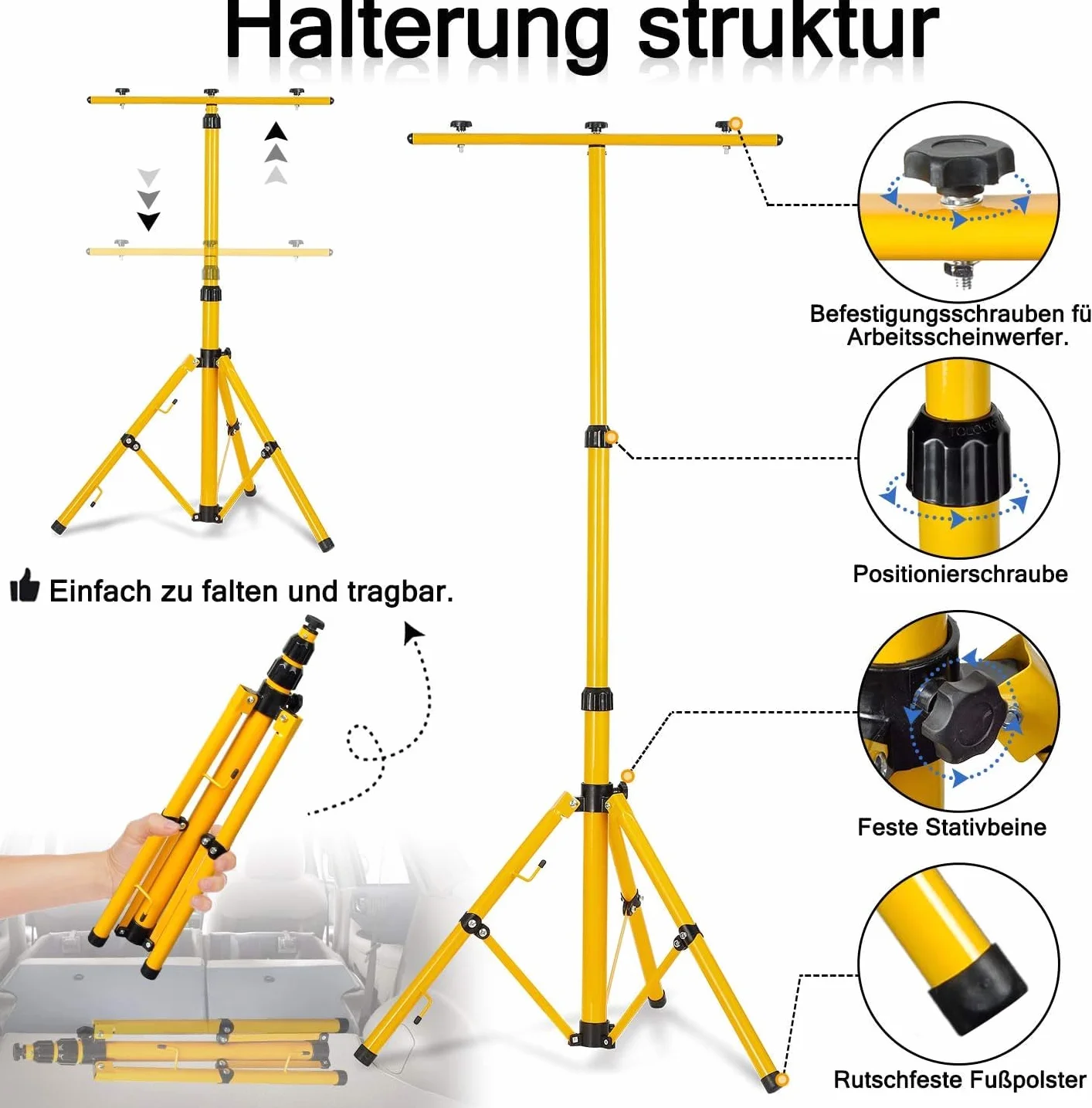 FIVMEN Reflektor budowlany 2 x 100 W, 8500 lm, lampa robocza z regulowanym statywem i wtyczką kabla 3 m, lampa budowlana, reflektor roboczy, wodoszczelny IP66, do garażu, warsztatu, na plac budowy,