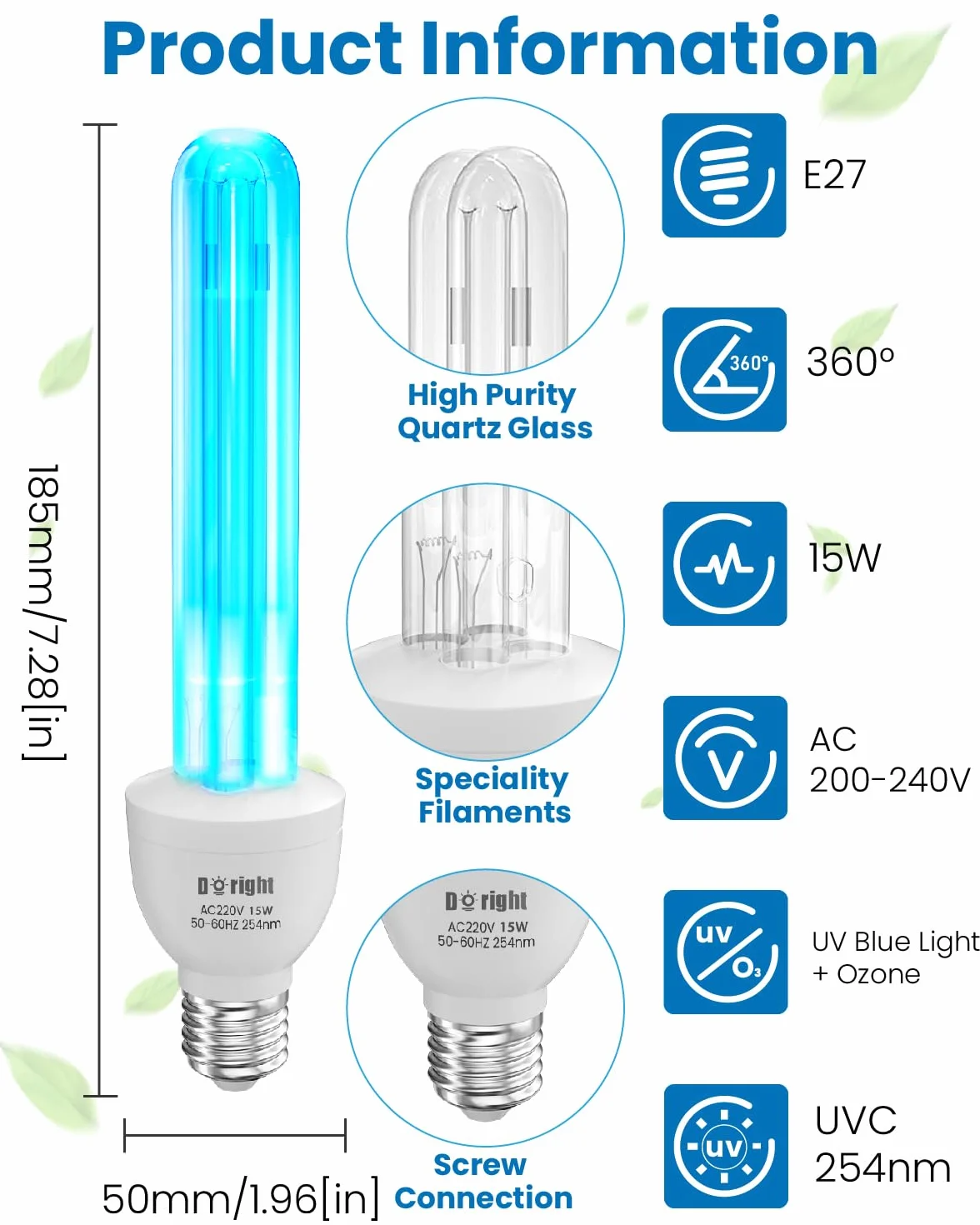 DoRight 15W Lampa bakteriobójcza UV Żarówka UV 254nm E27 z ozonem UVC Silna sterylizacja i dezynfekcja AC220-240V Idealna do kuchni, sypialni, salonu, biura i szkoły (1 szt.)