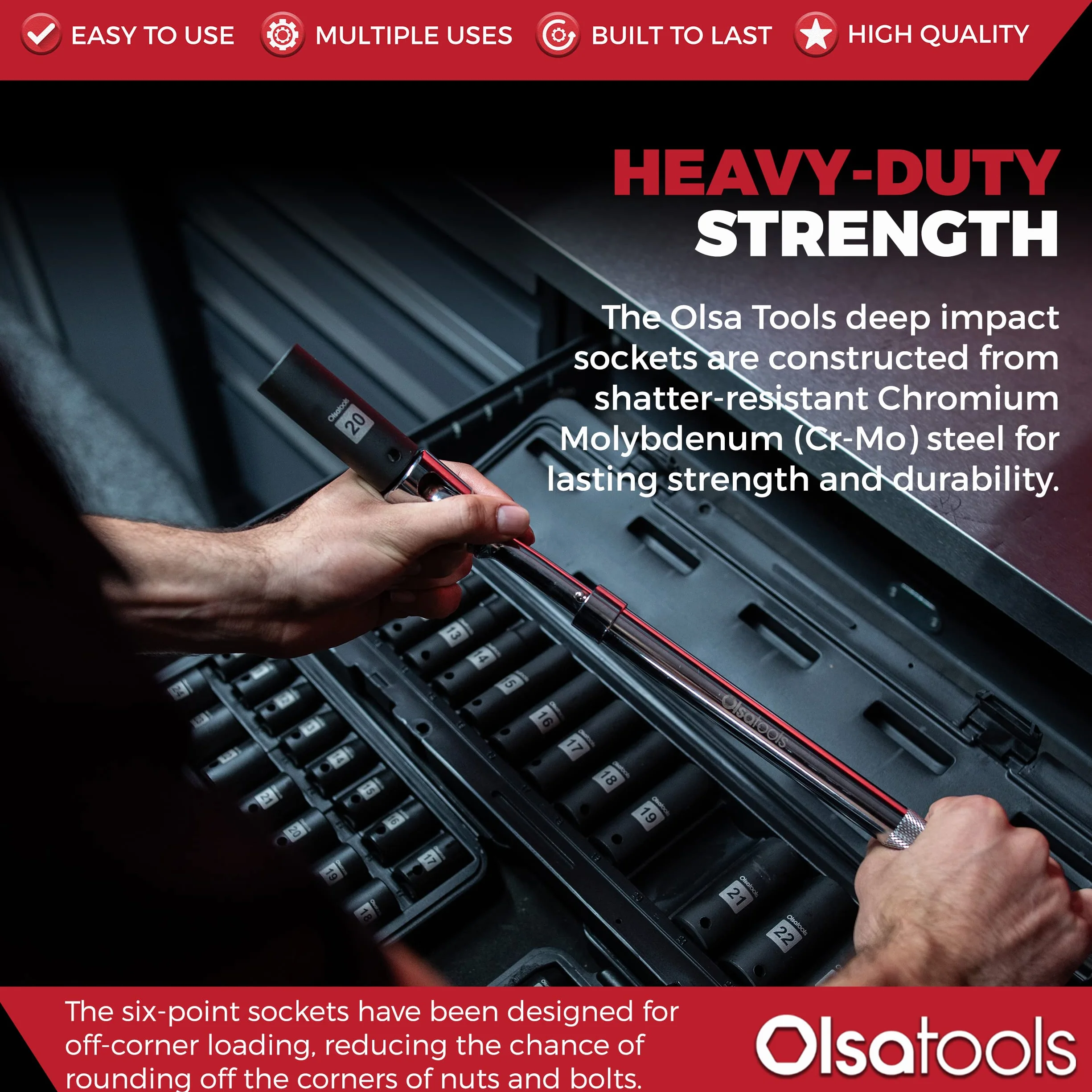Olsa Tools 1/5.1 cm Drive Cr-Mo zestaw nasadek udarowych | profesjonalny CrMo | 6-punktowy metryczny | 15 szt. 10 mm do 24 mm | oznaczenia o wysokim kontraście | chromowo-molibden | etui do