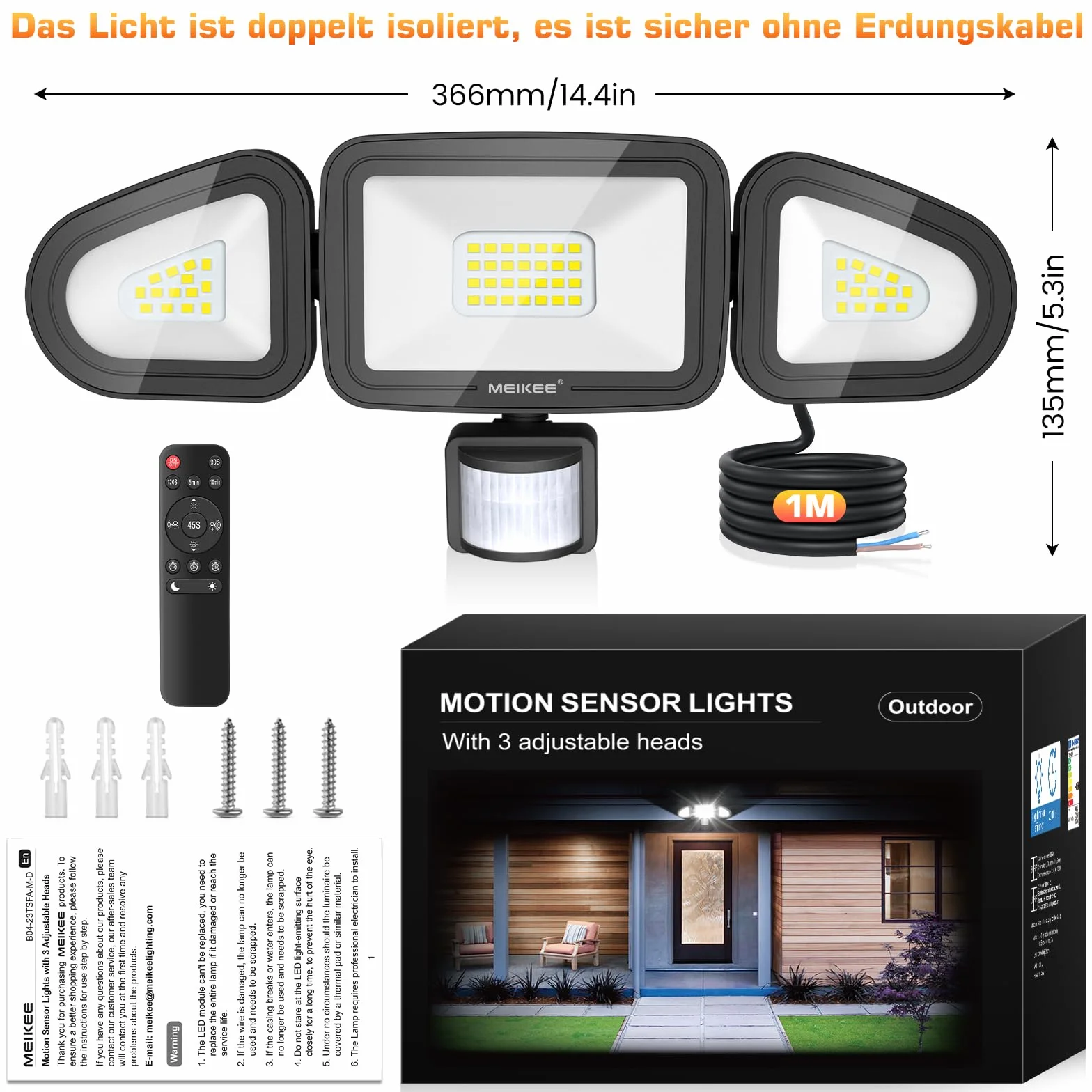 MEIKEE 42W Reflektor LED z czujnikiem ruchu, 400-3600LM, 6500K, 3 tryby, 10 poziomów jasności, wodoodporny IP66, oświetlenie punktowe led Z pilotem, trzygłowicowy, regulowany o kącie 180°