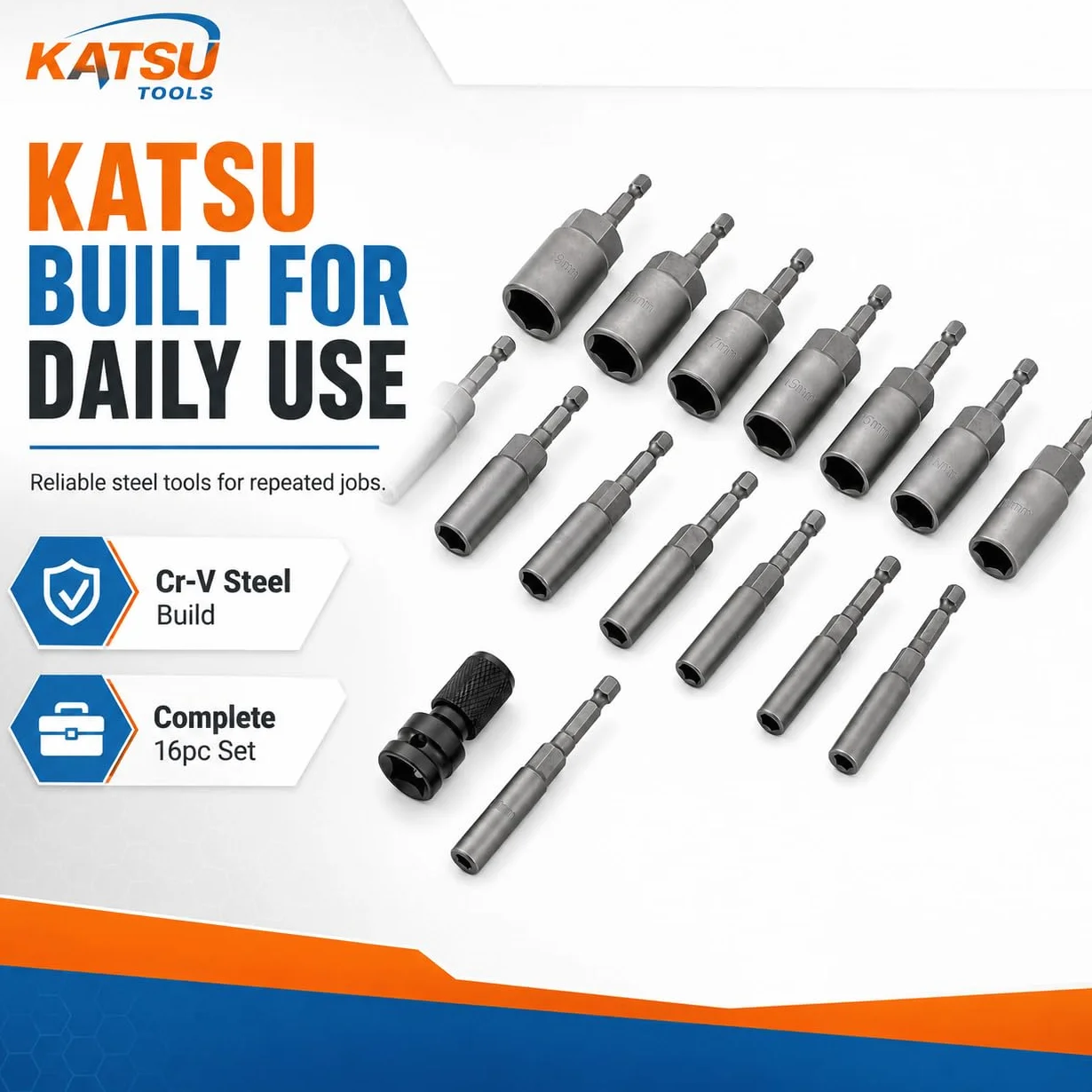 KATSU Tools 16 szt. wkrętak do nakrętek, zestaw głębokich nasadek, metryczny, 5,5-19 mm, 1/10.2 cm, z chwytem sześciokątnym, magnetyczny, do wiertarki elektrycznej, długość 80 mm