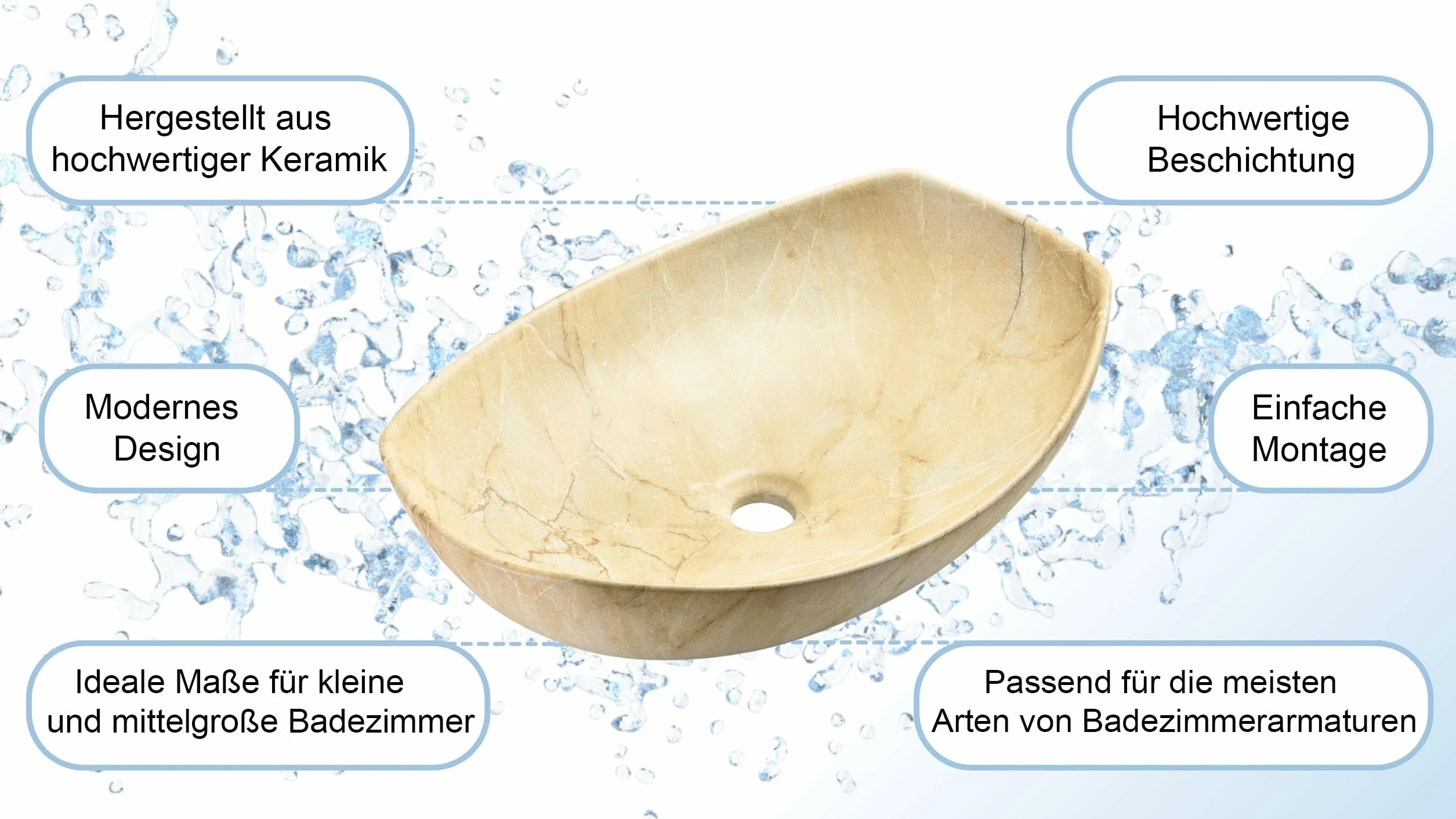 umywalka ceramiczna owalna - 55 x 40 x 15 cm - z piaskowca/trawertynu - nablatowa - beżowy