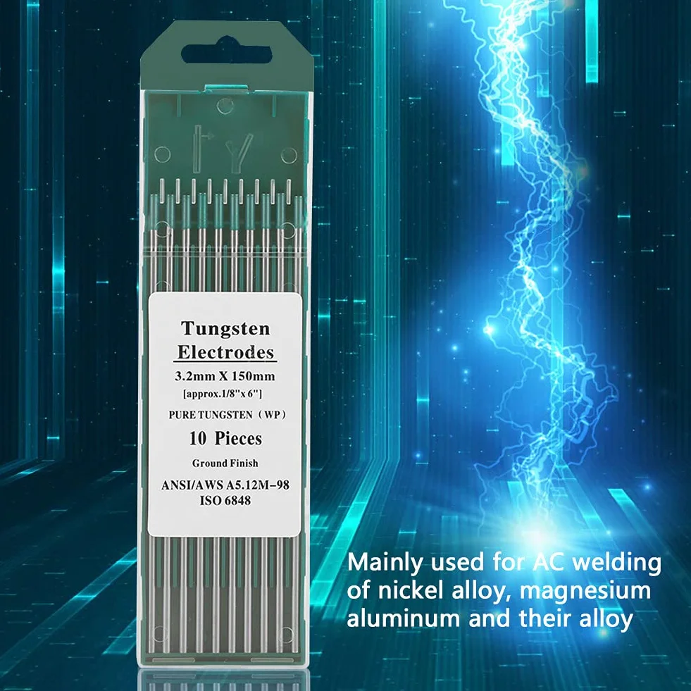 10 sztuk elektrod wolframowych do spawania TIG, 1,0 x 150 mm, czysty wolframowy WP, zielona końcówka, 250-400 A, do spawania AC-TIG ze stopu niklu, magnezu i aluminium