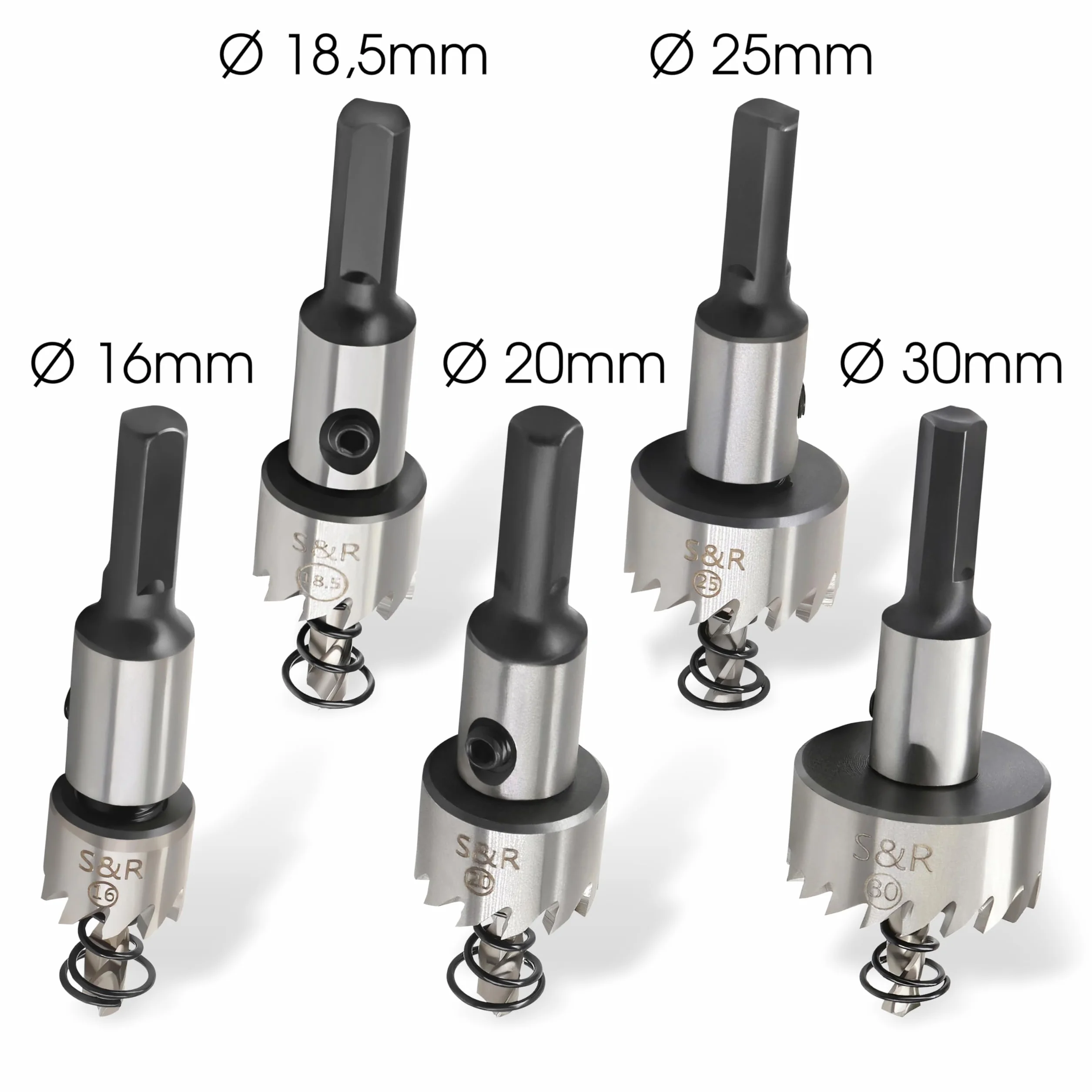 S&R 5-częściowy zestaw otwornic 16/18,5/20/25/30 mm, stal HSS COBALT, 5% stop kobaltowy, M35, HRC 64-66, uzębienie combo, zestaw otwornic do metali, stali, stali nierdzewnej, aluminium, tworzyw