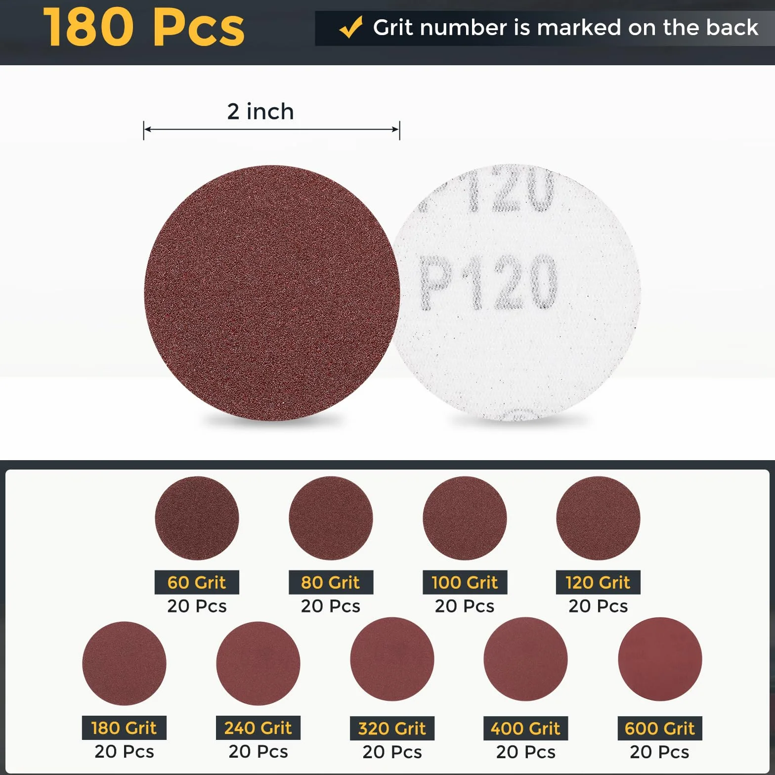 QUARKZMAN 180pcs 50mm 2" Tarcze Szlifierskie 60/80/100/120/180/240/320/400/600 Ziarnistość Papier ścierny Hak Pętla Klocki Do Losowej Szlifierki Orbitalnej do Obróbki Drewna Samochodowego Metal