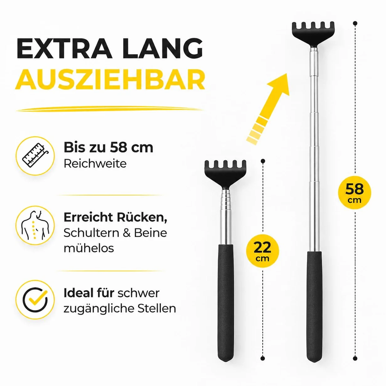 Everhomely® 2 drapaczki do pleców, stabilna i wysuwana, drążek teleskopowy z szeroką końcówką przeciwko swędzeniu, urządzenie do masażu