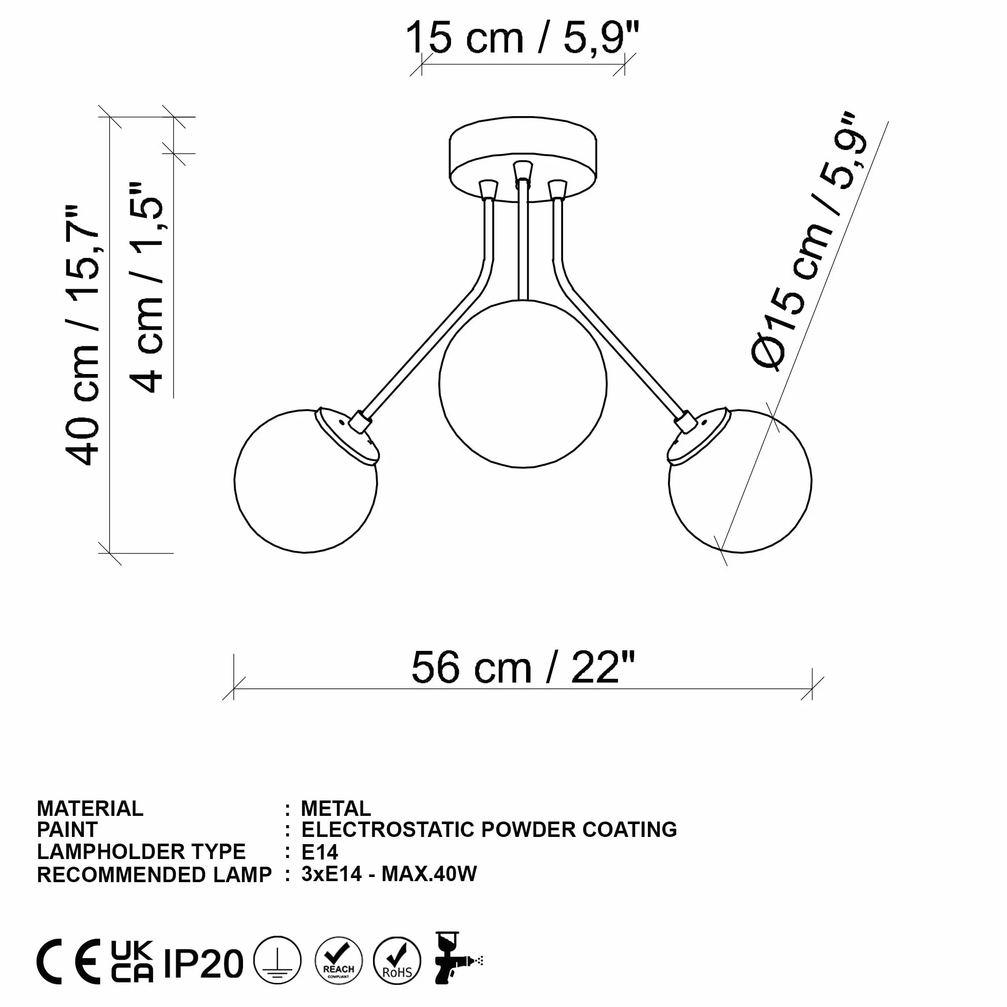 Opviq Elegancki złoty żyrandol, metalowy korpus, średnica 56 cm, wysokość 40 cm | 3 x gniazdo E14, nie regulowane, idealne do salonu i jadalni, stylowe wzornictwo