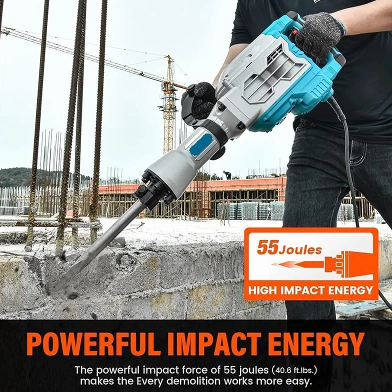 Łamacz betonu, Młot udarowy 1700 W, 14 A, elektryczny, przewodowy, do ciężkich prac, do łamania nawierzchni betonowych, z walizką, dłuto płaskie, wiertarka udarowa