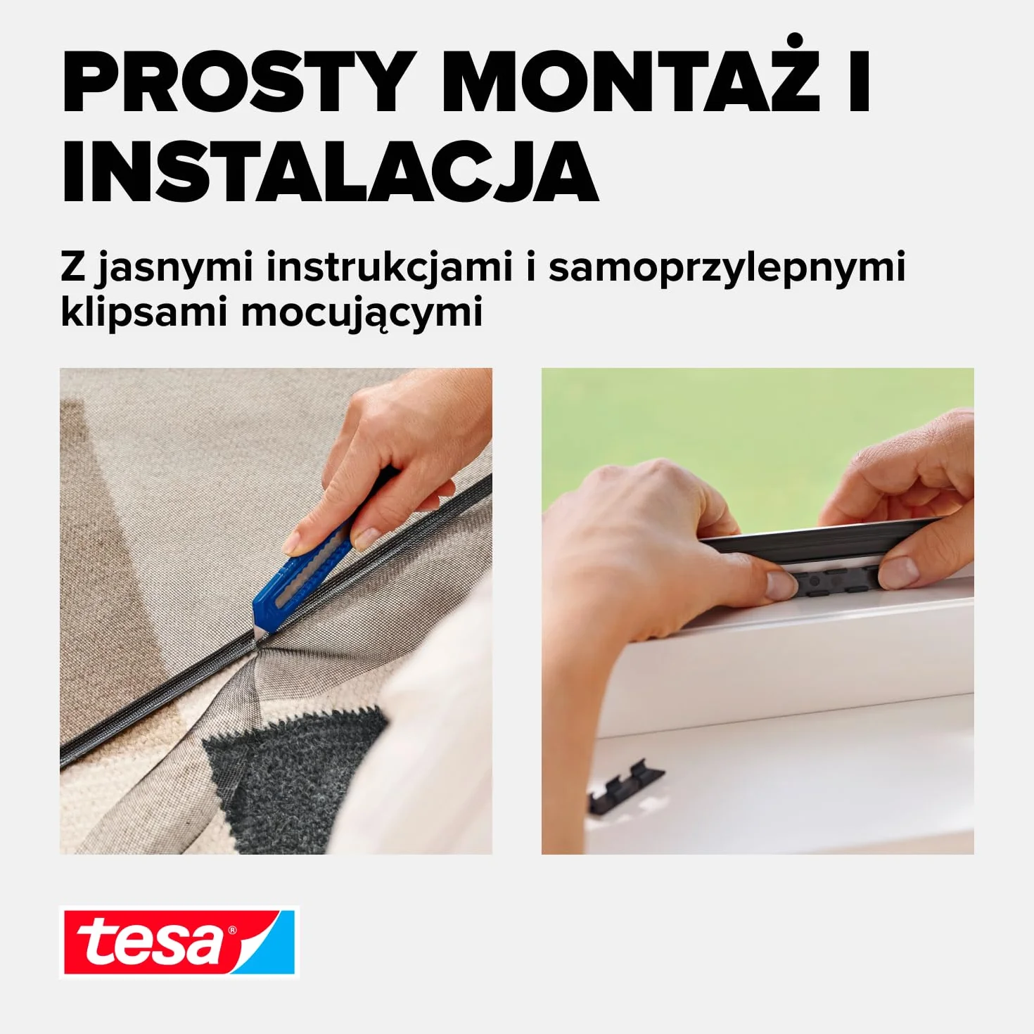 tesa Insect Stop Clip On - moskitiera zatrzaskowa okienna - rama docinana na wymiar, siatka z wytrzymałego włókna szklanego, samoprzylepne klipsy mocujące - 1,2 x 2,4 m - antracytowa