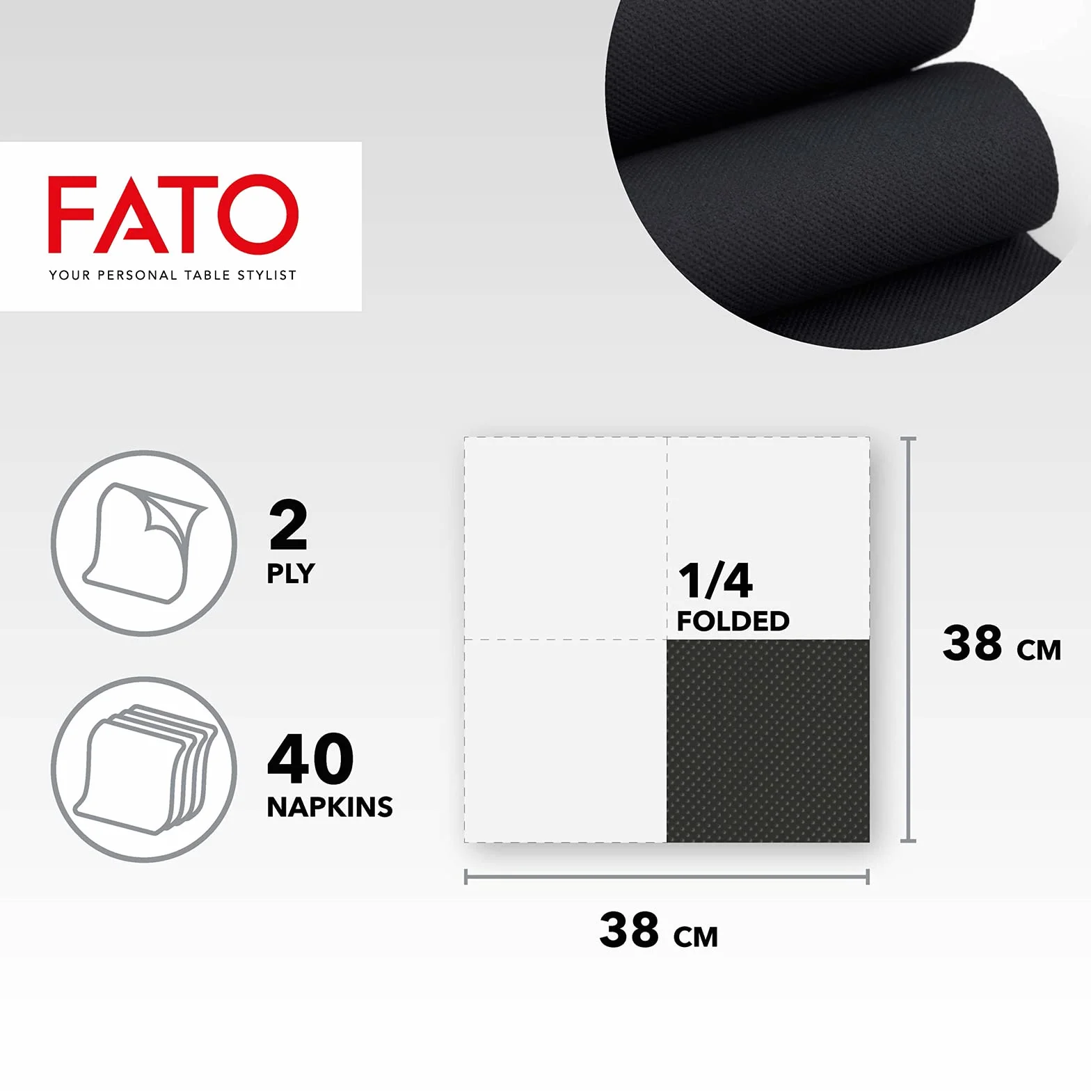 Fato - Jednorazowe serwetki papierowe, miękkość i puszystość, opakowanie 40 serwetek, rozmiar 38 x 38 złożone w 4 i 2 warstwach, kolor czarny, 100% czysty papier celulozowy, certyfikat FSC