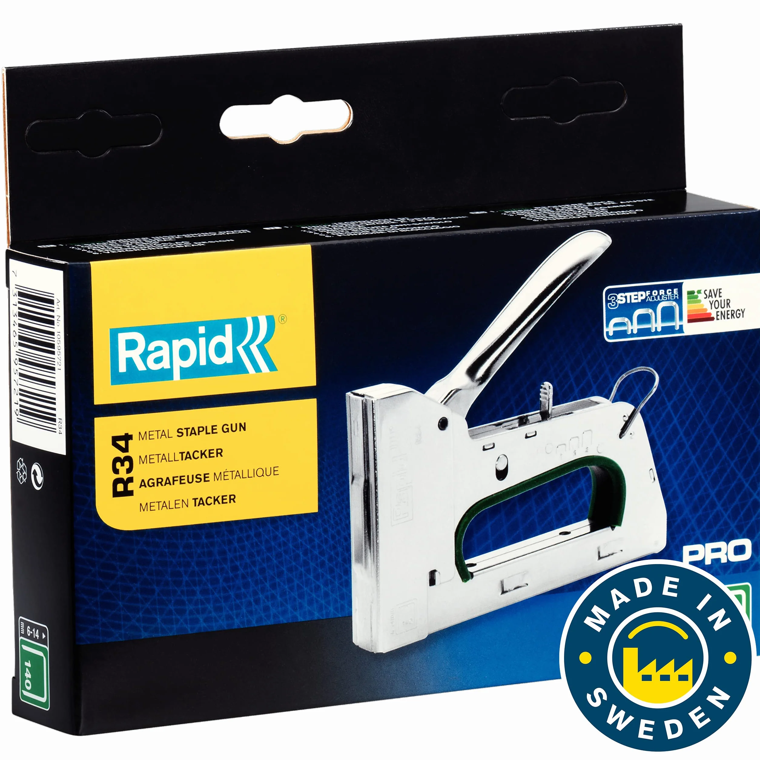 Rapid, Zszywacz Ręczny PRO R34 do Zszywek Nr 140, Ergonomiczny Uchwyt, 3-Stopniowa Regulacja Mocy, Poręczny Spust, Wyprodukowany w Szwecji (10595721)