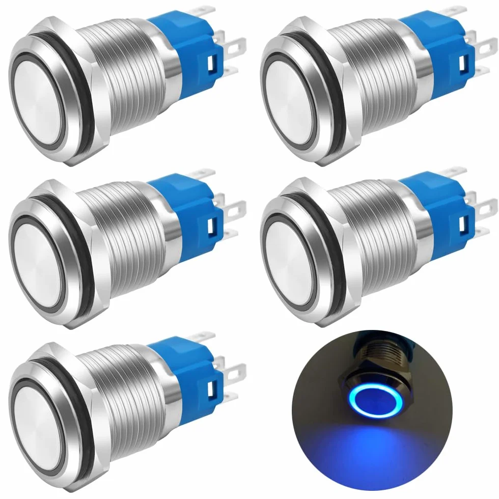Gebildet 5 szt. 16mm Niebieski Metalowy Zatrzaskowy Przełącznik Przyciskowy LED Wodoodporny 12V-24V/5A 1NO 1NC WŁ./WYŁ. do Otworu Montażowego 5/8"